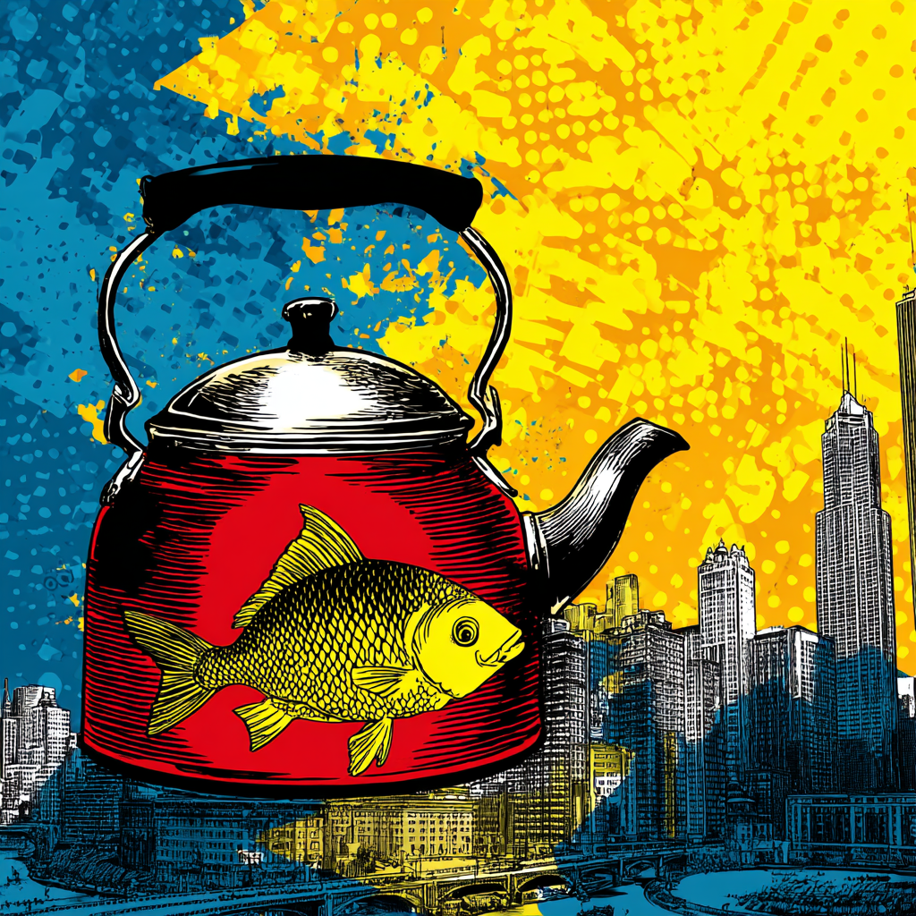 PopArt Rote Teekanne Mit Gelbem Fisch Und Abstraktem Stadthintergrund | Pop Art | Stilrichtungen