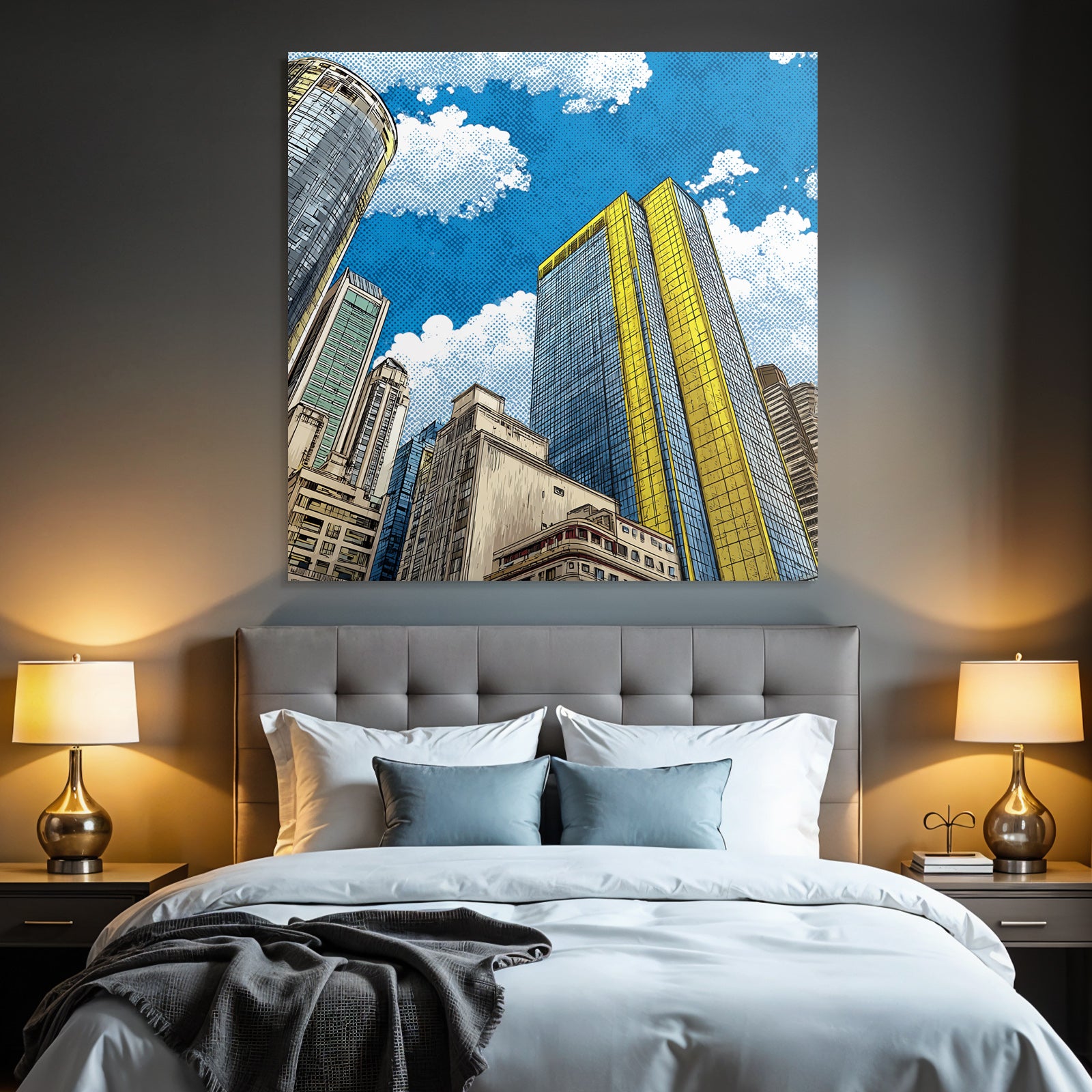 PopArt Stilisierte Stadtlandschaft Mit Hochhaus Mit Blaüm Glas Und Gelben Akzenten