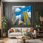 PopArt Stilisierte Stadtlandschaft Mit Hochhaus Mit Blaüm Glas Und Gelben Akzenten