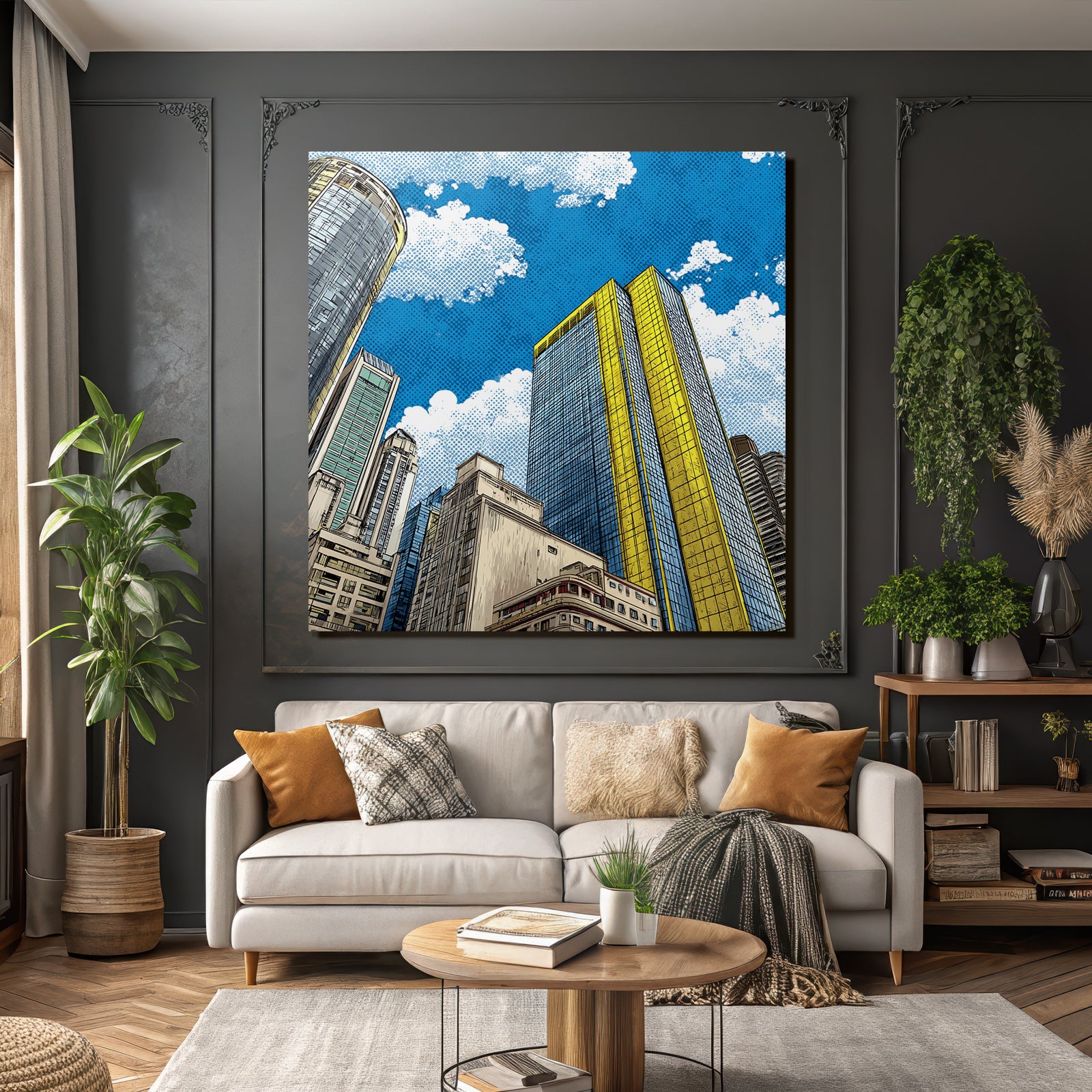 PopArt Stilisierte Stadtlandschaft Mit Hochhaus Mit Blaüm Glas Und Gelben Akzenten