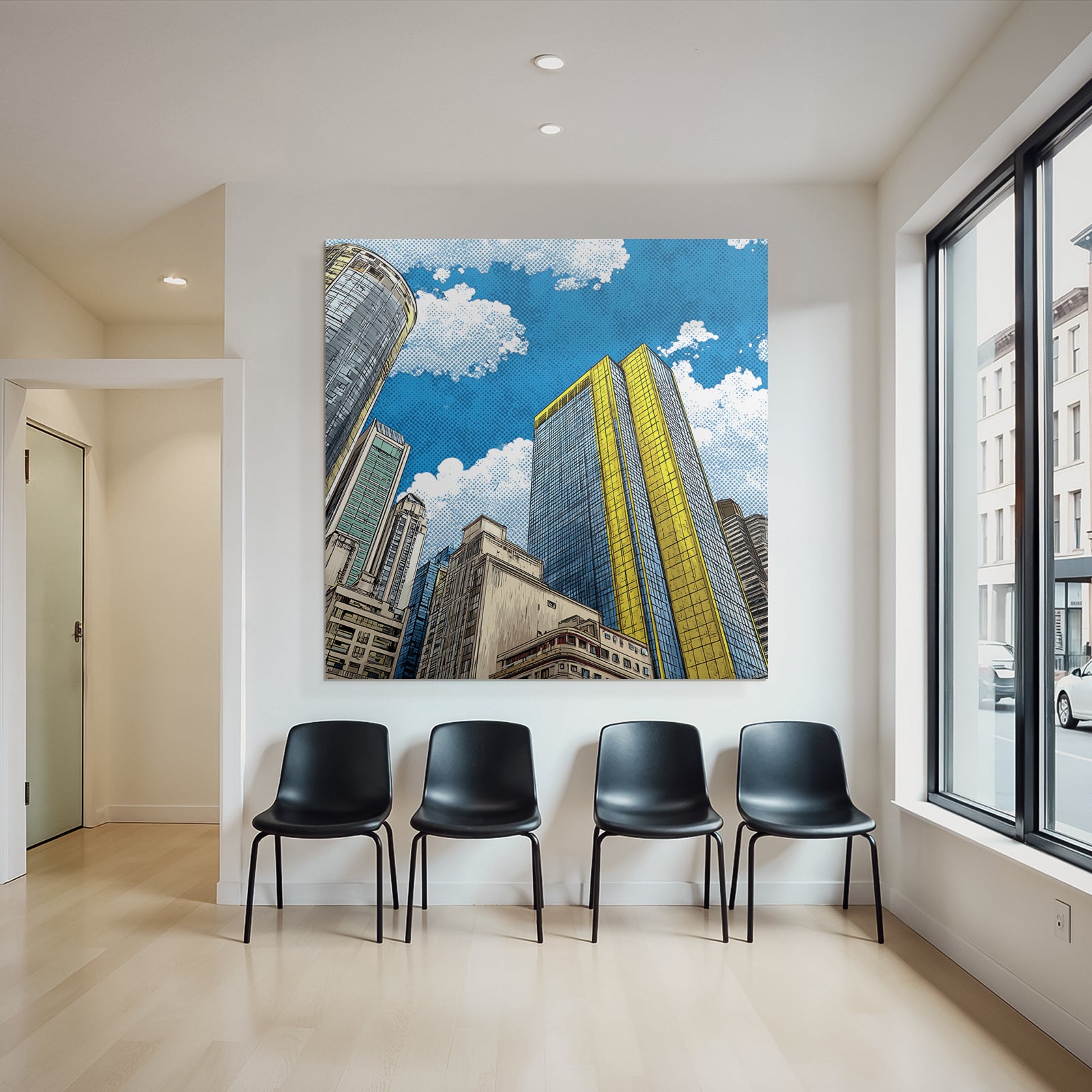 PopArt Stilisierte Stadtlandschaft Mit Hochhaus Mit Blaüm Glas Und Gelben Akzenten