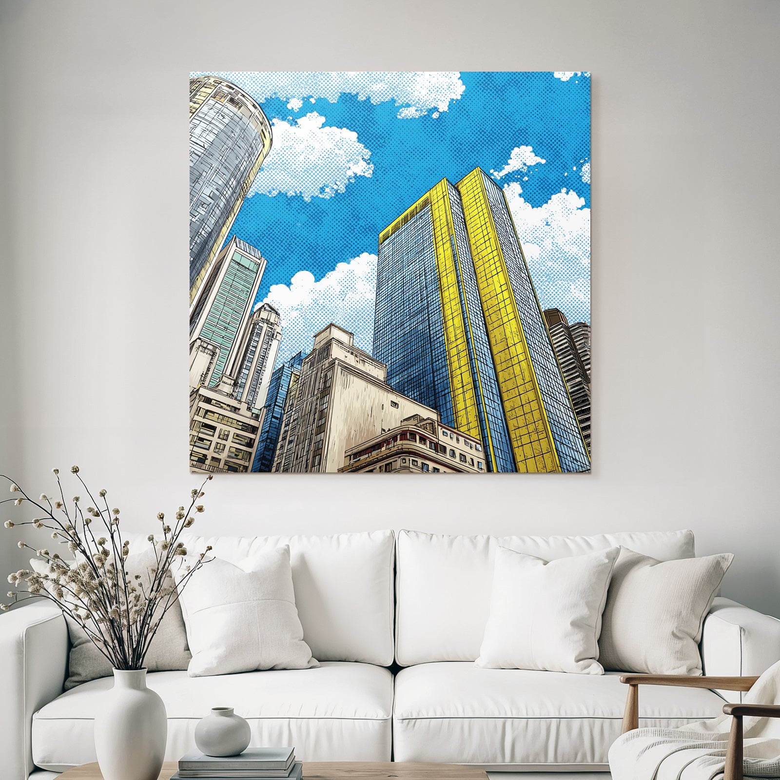 PopArt Stilisierte Stadtlandschaft Mit Hochhaus Mit Blaüm Glas Und Gelben Akzenten