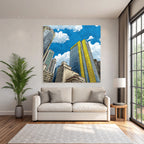 PopArt Stilisierte Stadtlandschaft Mit Hochhaus Mit Blaüm Glas Und Gelben Akzenten