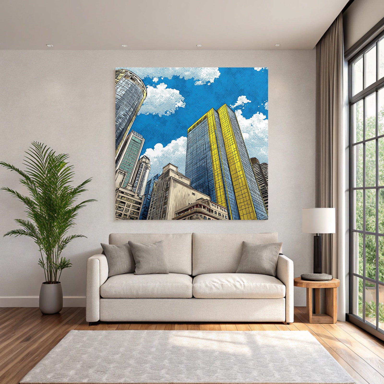 PopArt Stilisierte Stadtlandschaft Mit Hochhaus Mit Blaüm Glas Und Gelben Akzenten