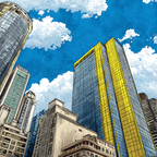 PopArt Stilisierte Stadtlandschaft Mit Hochhaus Mit Blaüm Glas Und Gelben Akzenten | Pop Art | Stilrichtungen