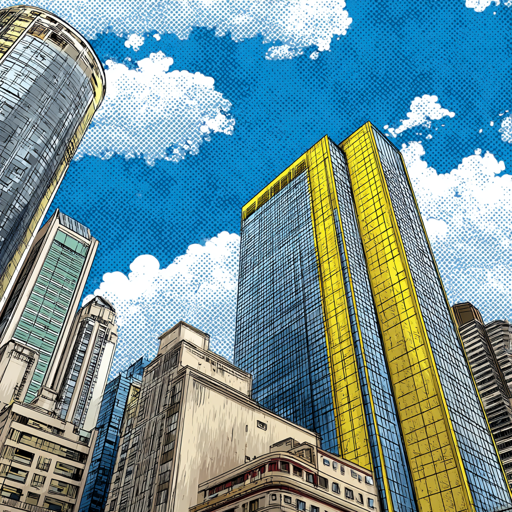 PopArt Stilisierte Stadtlandschaft Mit Hochhaus Mit Blaüm Glas Und Gelben Akzenten | Pop Art | Stilrichtungen
