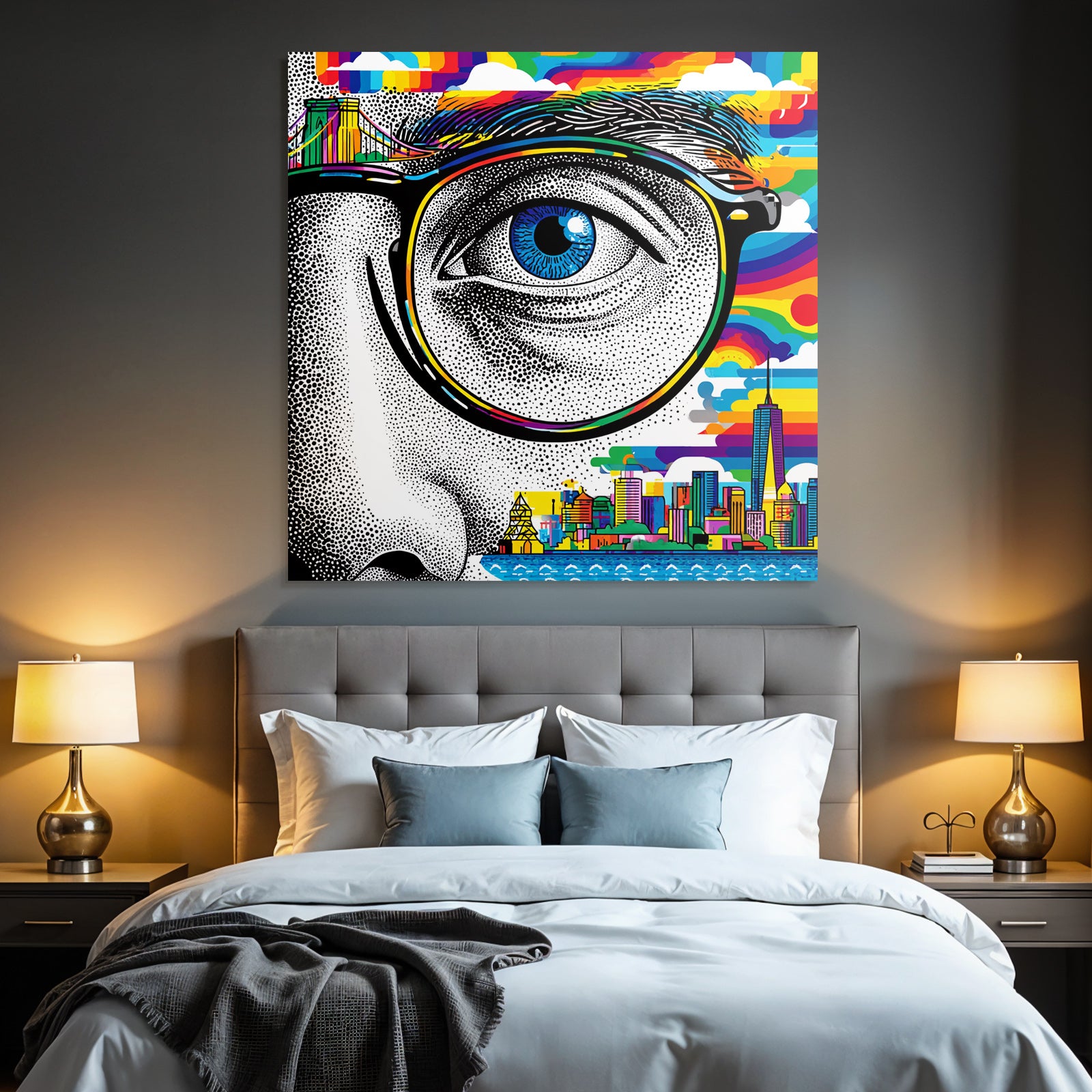 PopArt Stilisiertes Auge Mit Regenbogenfarben Und Stadtpanorama