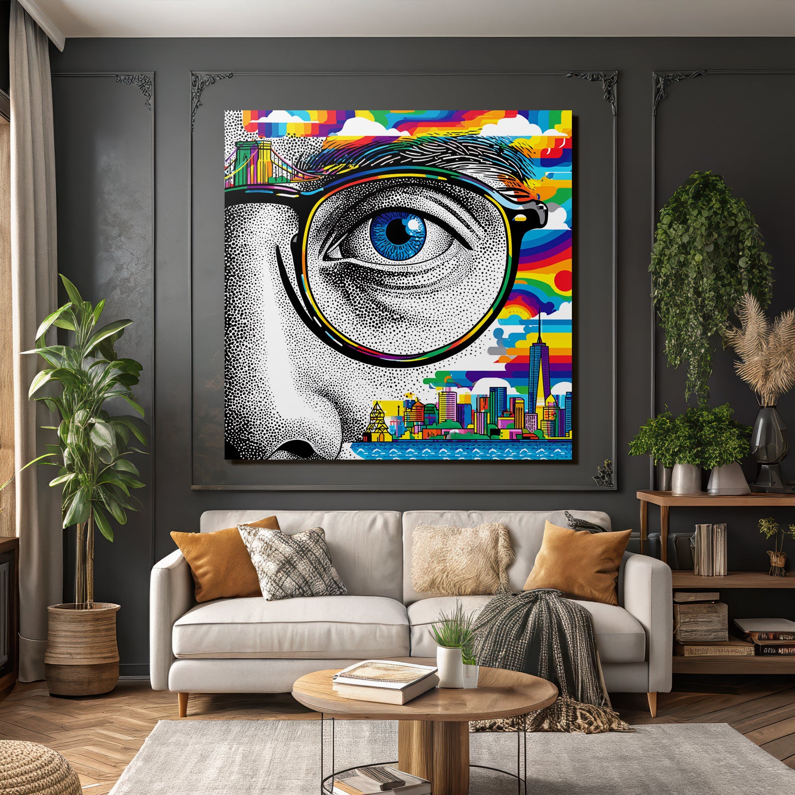 PopArt Stilisiertes Auge Mit Regenbogenfarben Und Stadtpanorama