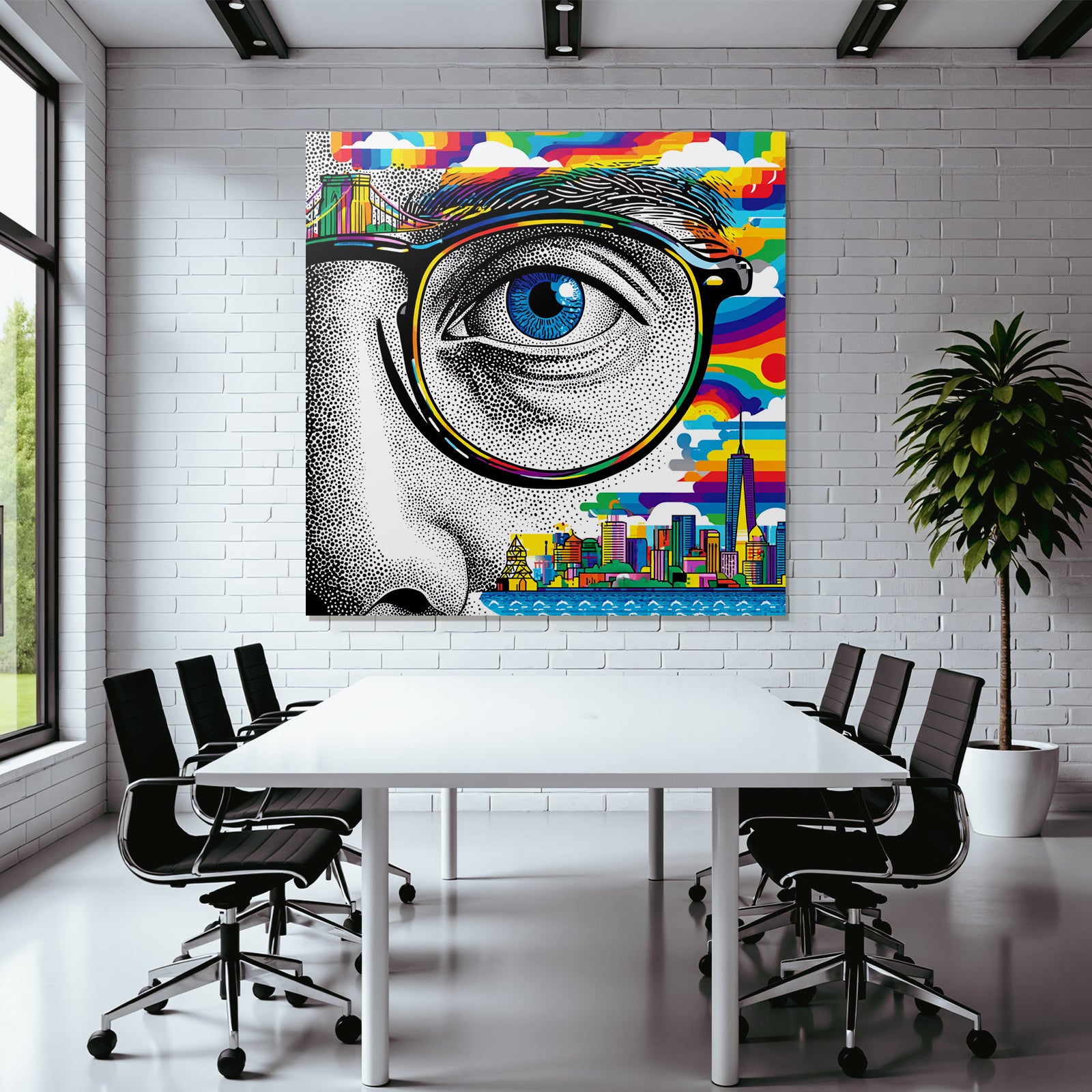 PopArt Stilisiertes Auge Mit Regenbogenfarben Und Stadtpanorama