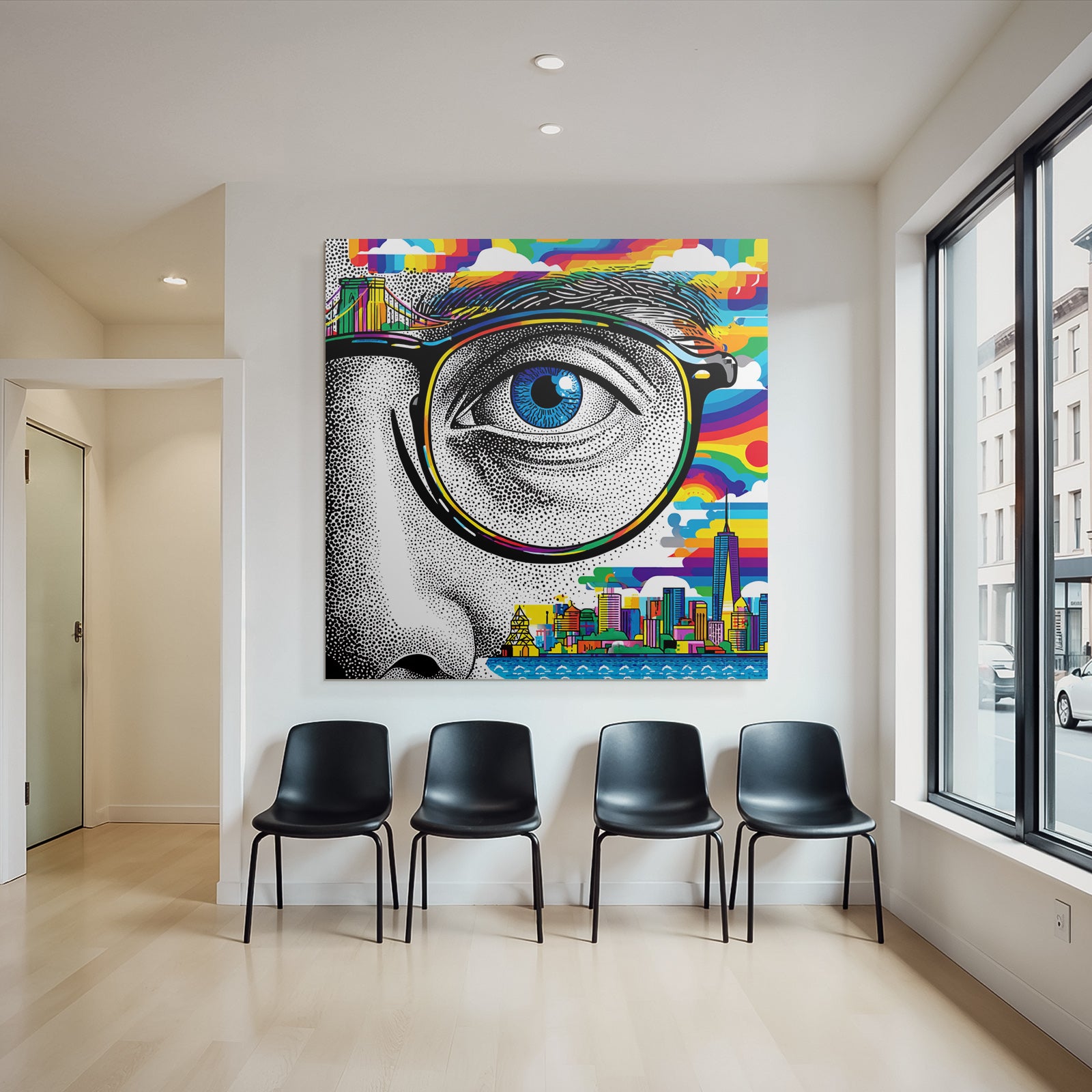 PopArt Stilisiertes Auge Mit Regenbogenfarben Und Stadtpanorama