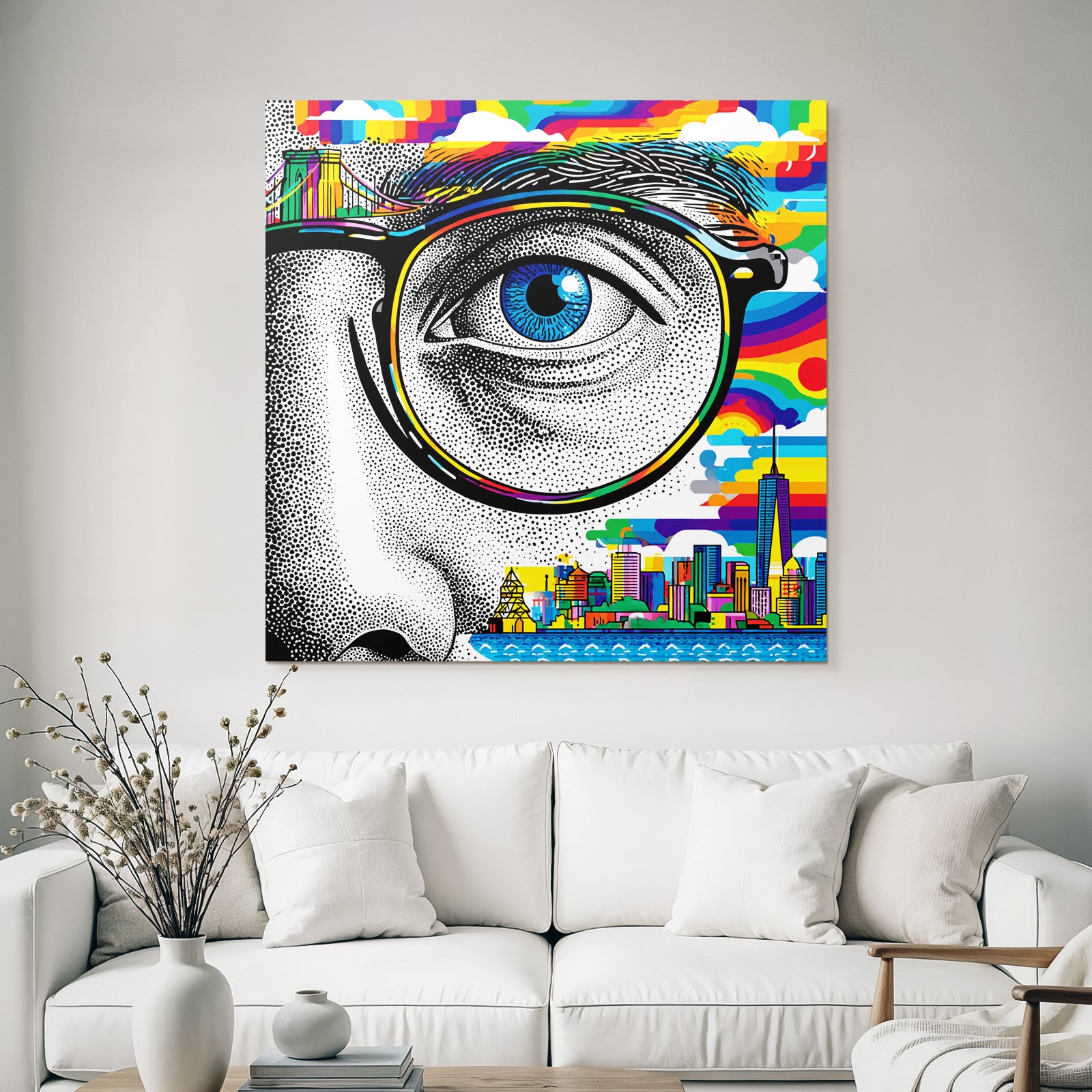 PopArt Stilisiertes Auge Mit Regenbogenfarben Und Stadtpanorama