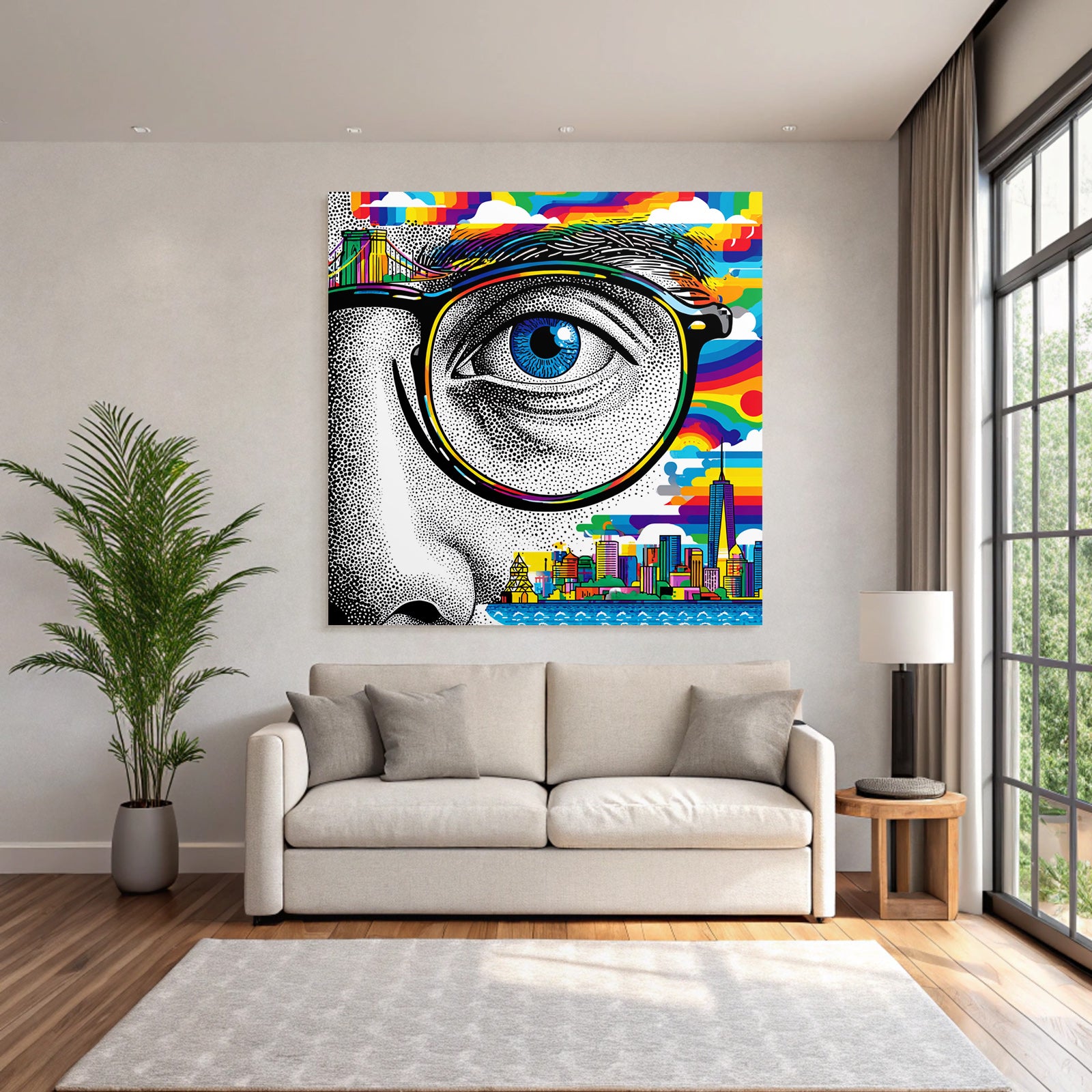 PopArt Stilisiertes Auge Mit Regenbogenfarben Und Stadtpanorama