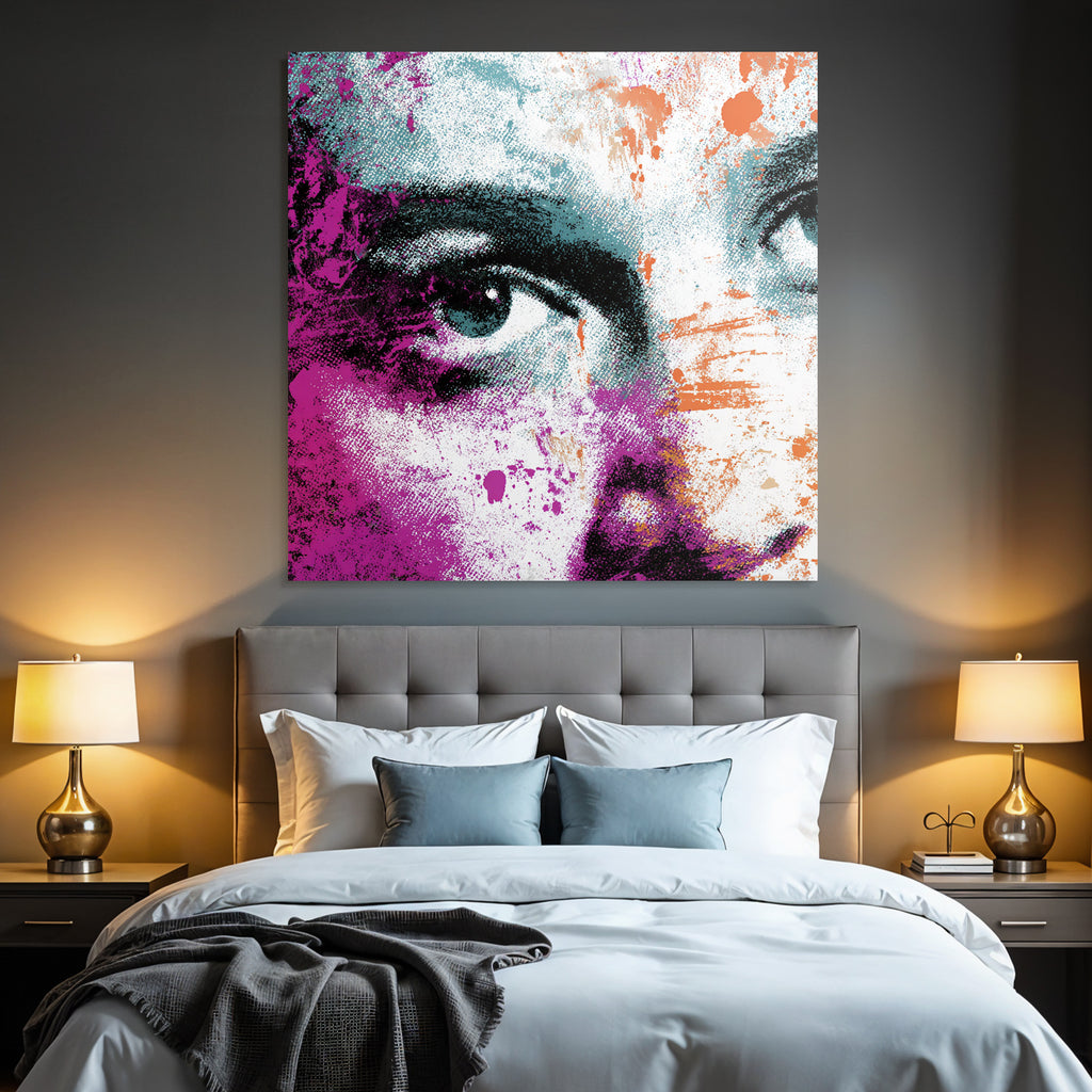 PopArt Stilisiertes Gesicht Mit Abstrakten Farben Und Grafischen Elementen