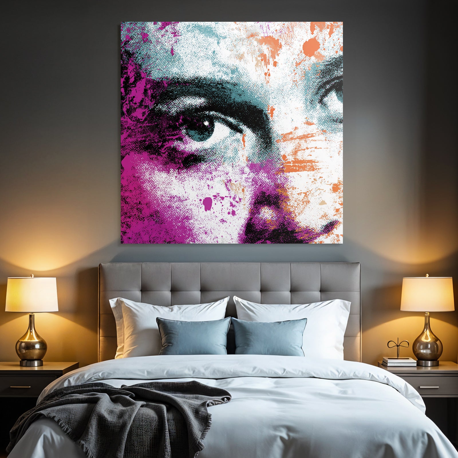PopArt Stilisiertes Gesicht Mit Abstrakten Farben Und Grafischen Elementen