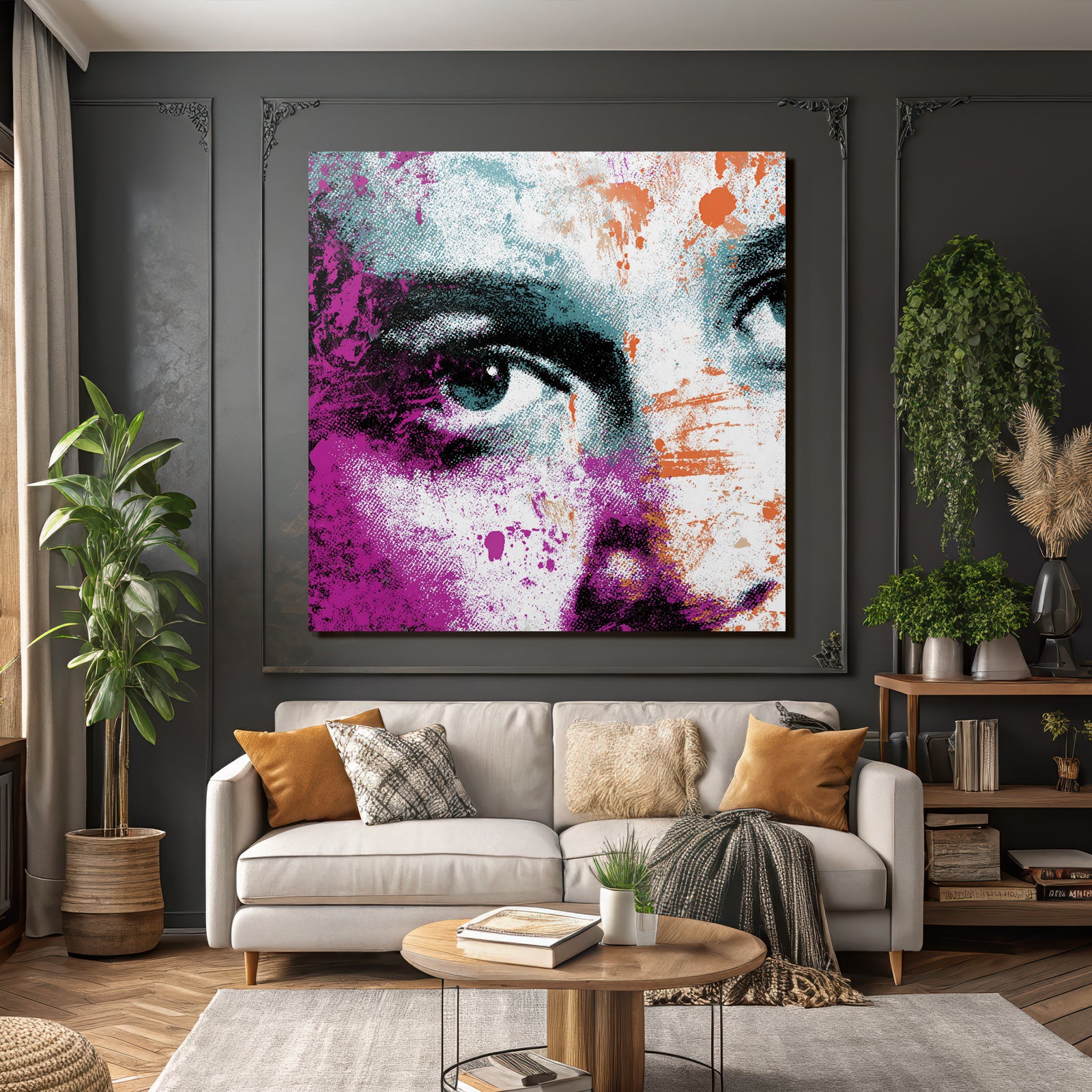 PopArt Stilisiertes Gesicht Mit Abstrakten Farben Und Grafischen Elementen