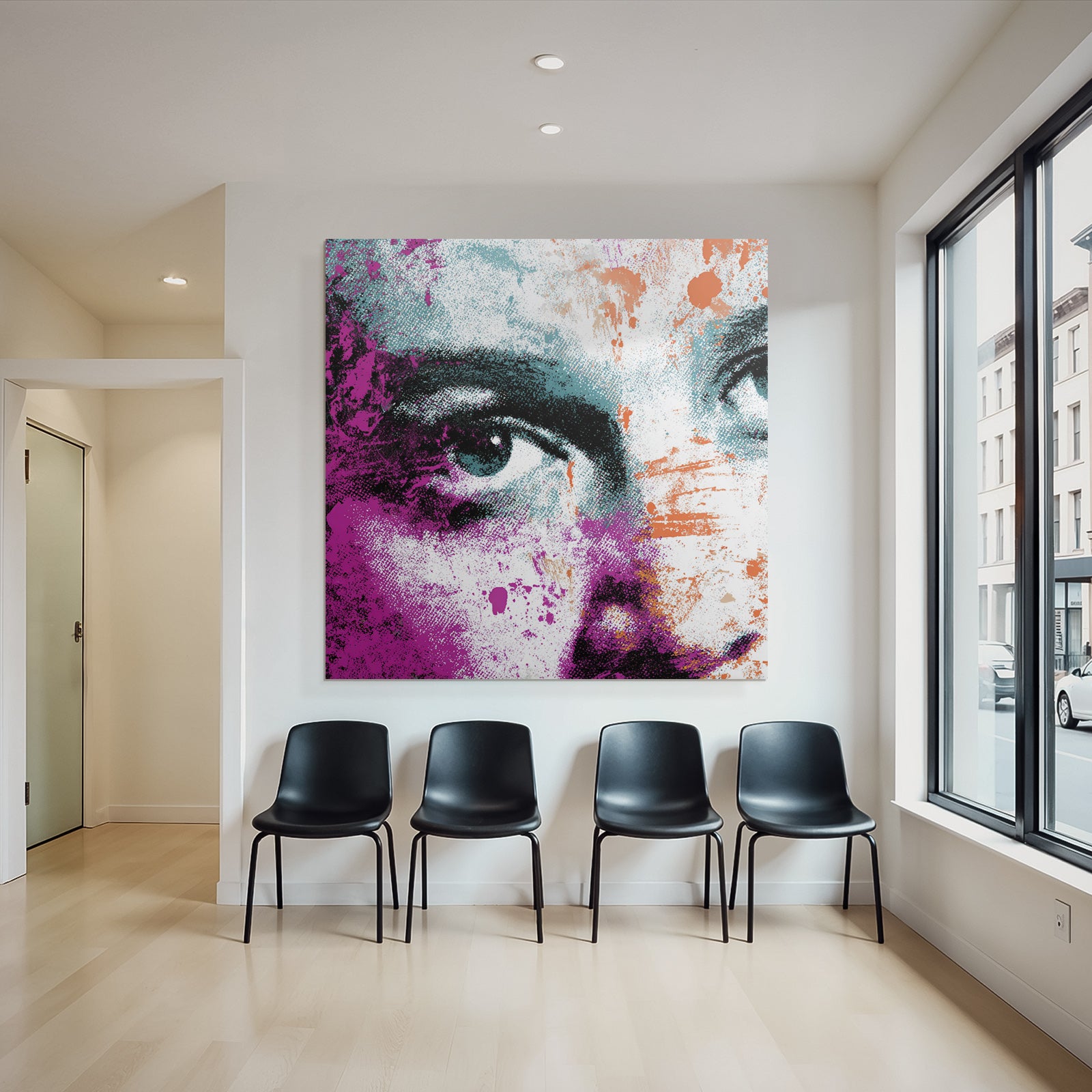 PopArt Stilisiertes Gesicht Mit Abstrakten Farben Und Grafischen Elementen