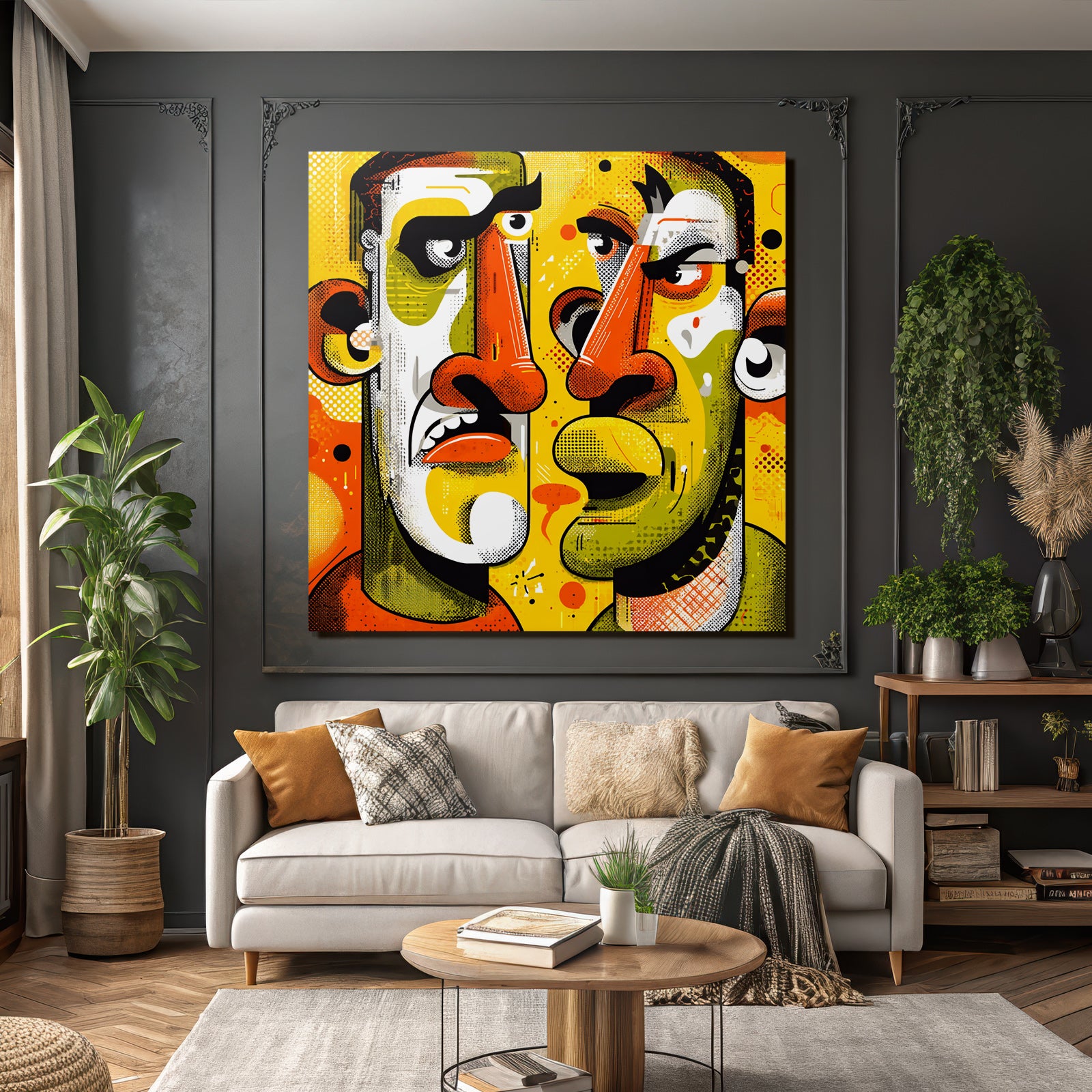 PopArt Zwei Gesichter Im Abstrakten Stil Mit Dynamischem Hintergrund