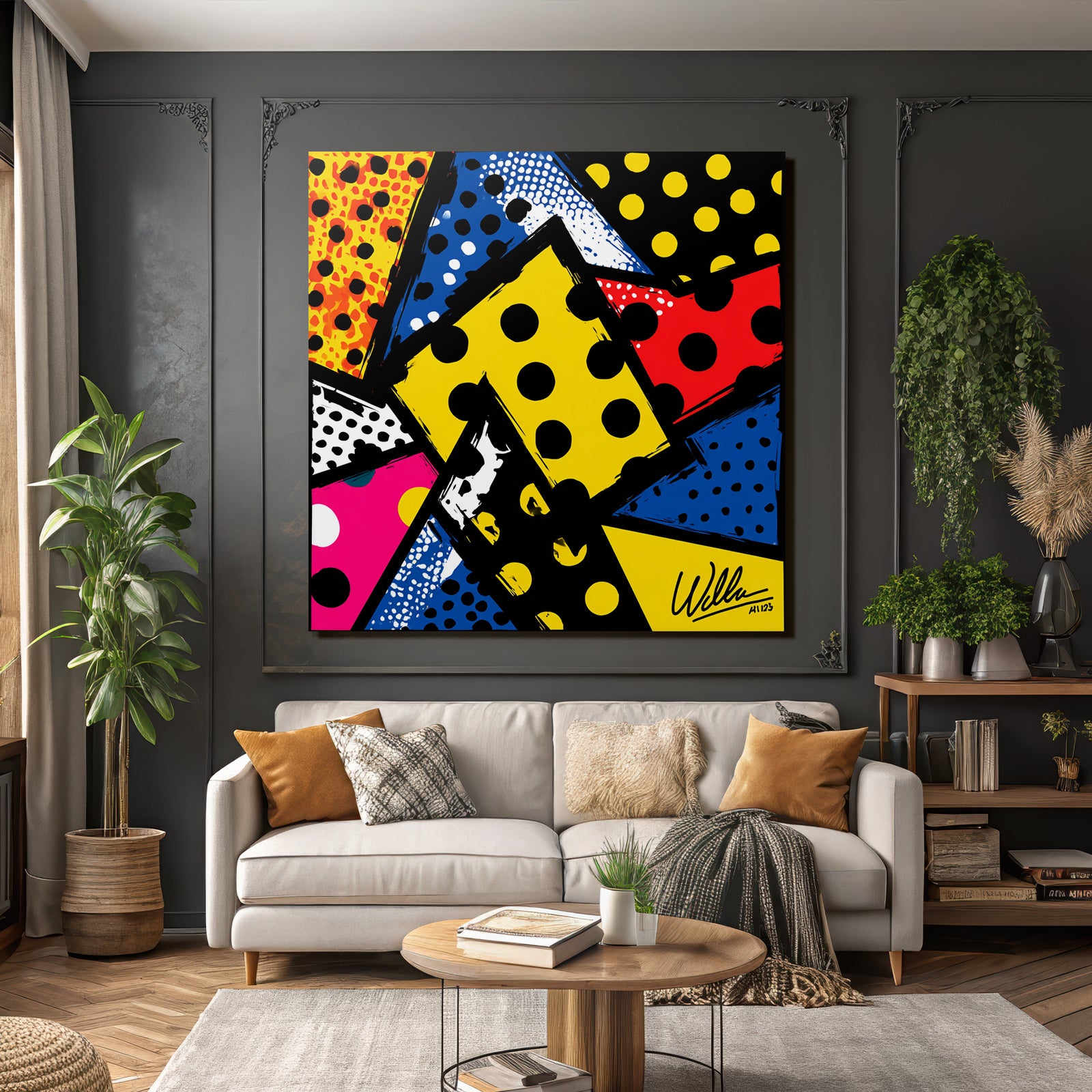 PopArt Abstrakte Farbenfrohe Komposition Mit Punktmuster Und Formen