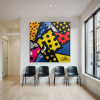 PopArt Abstrakte Farbenfrohe Komposition Mit Punktmuster Und Formen