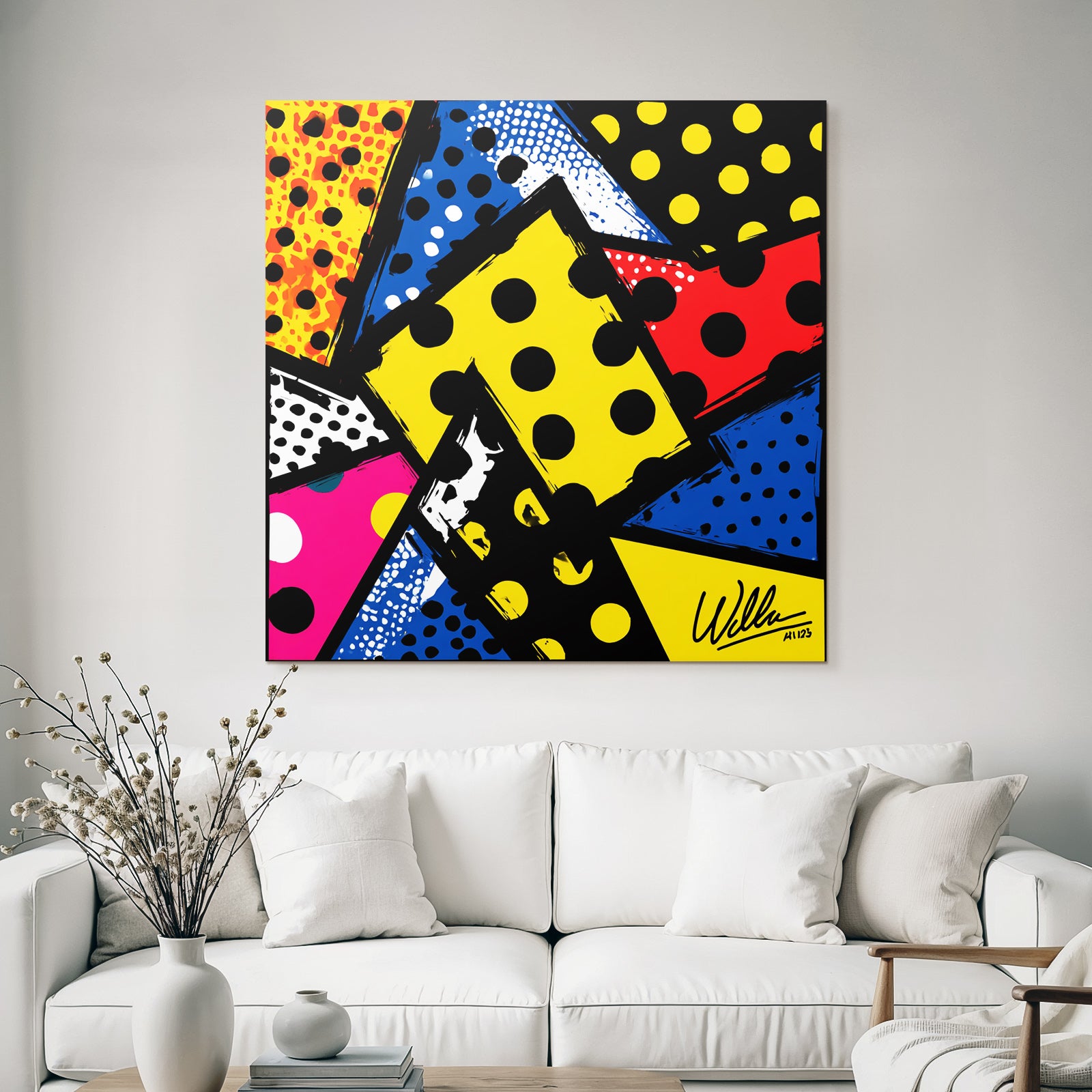 PopArt Abstrakte Farbenfrohe Komposition Mit Punktmuster Und Formen