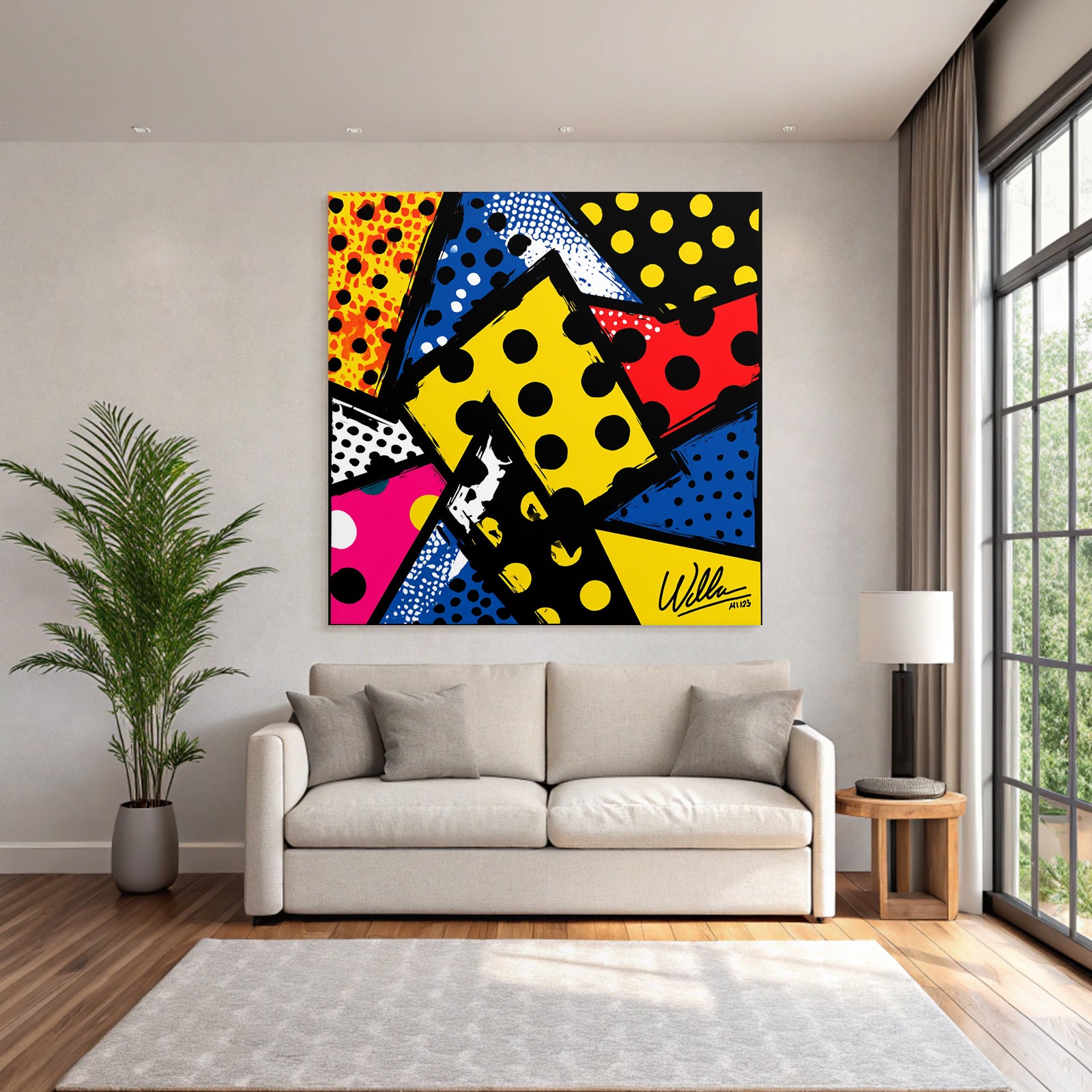 PopArt Abstrakte Farbenfrohe Komposition Mit Punktmuster Und Formen