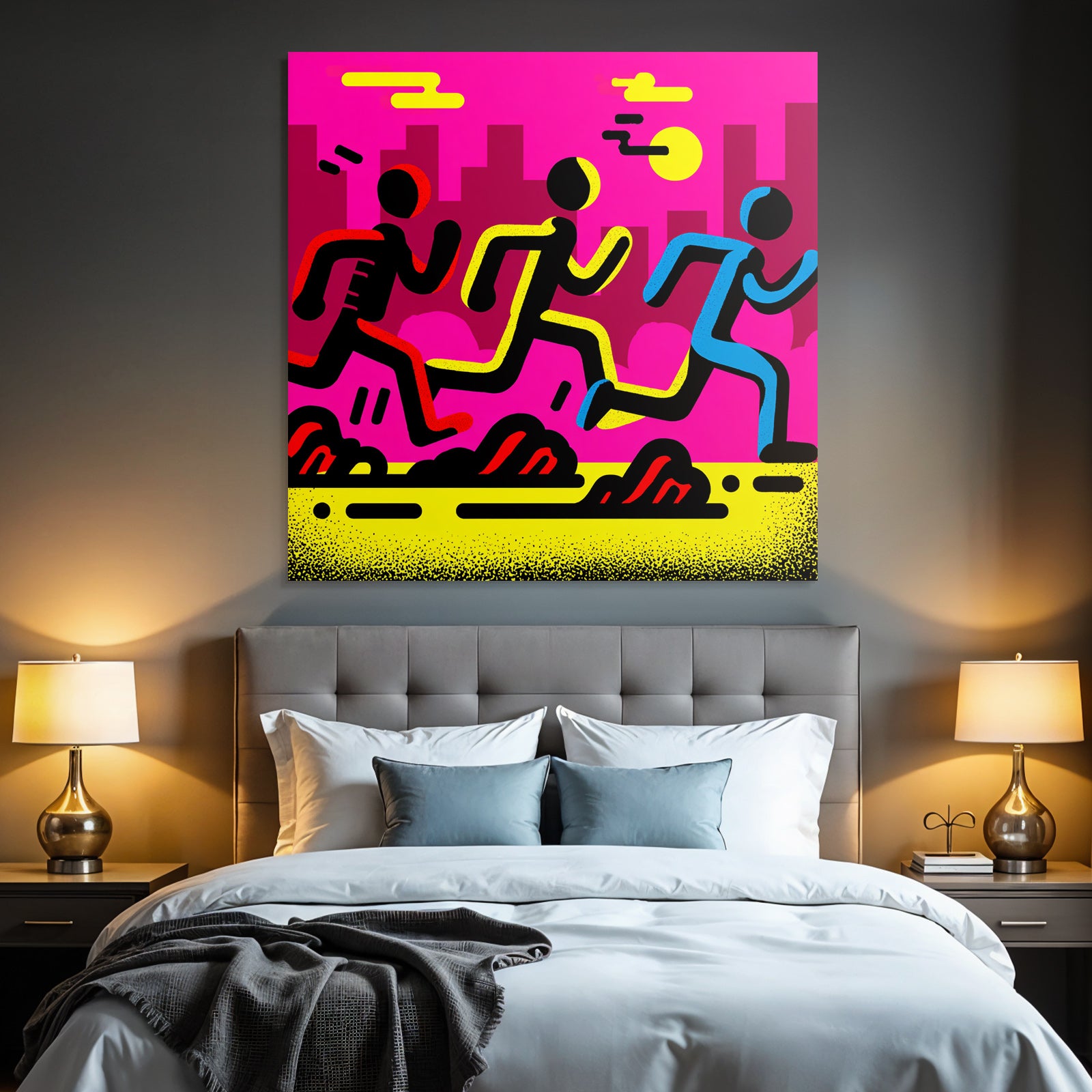 PopArt Drei Figuren Laufen Auf Leuchtend Pinker Hintergrund