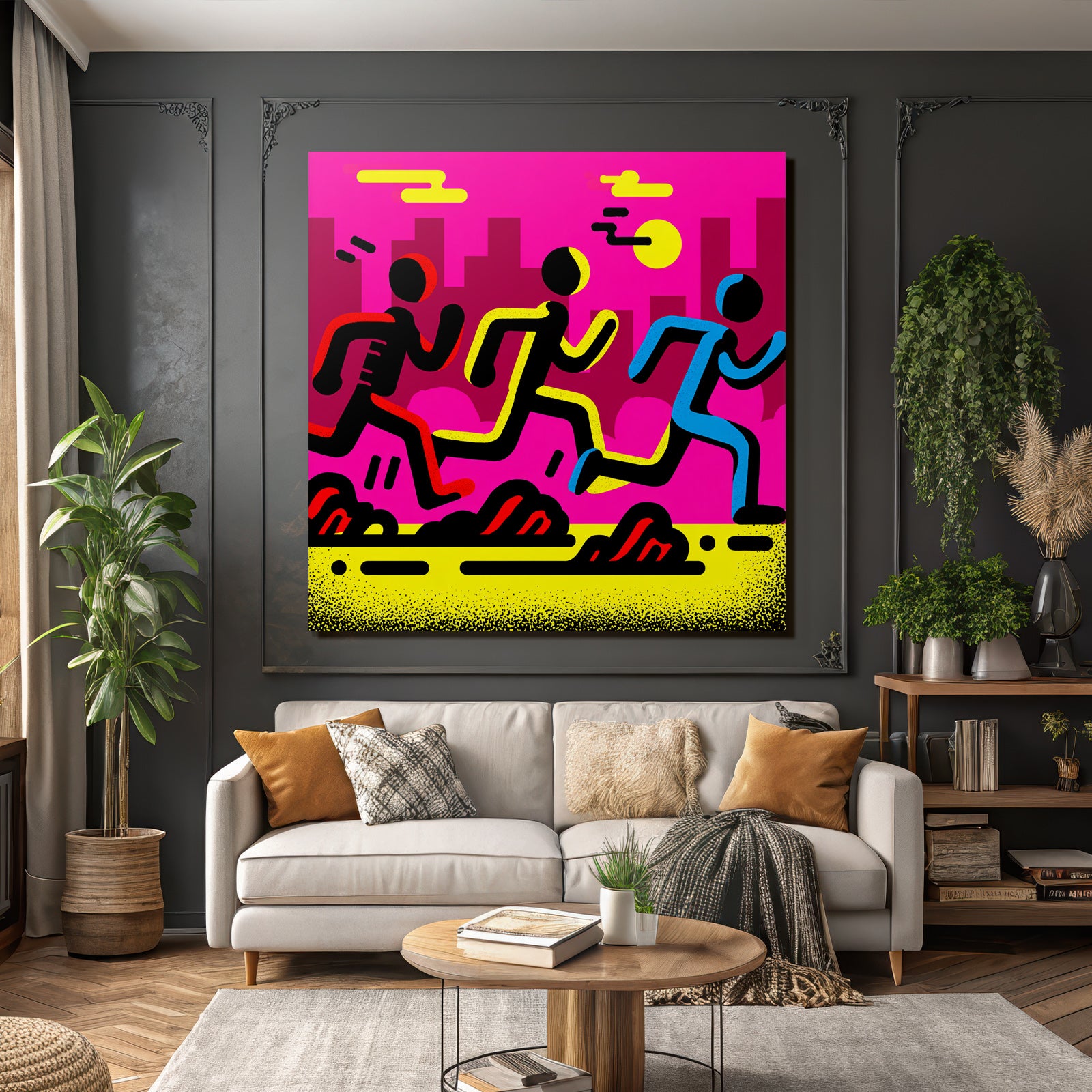 PopArt Drei Figuren Laufen Auf Leuchtend Pinker Hintergrund