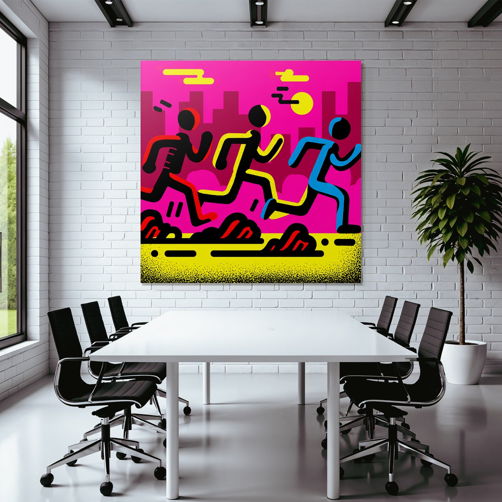 PopArt Drei Figuren Laufen Auf Leuchtend Pinker Hintergrund