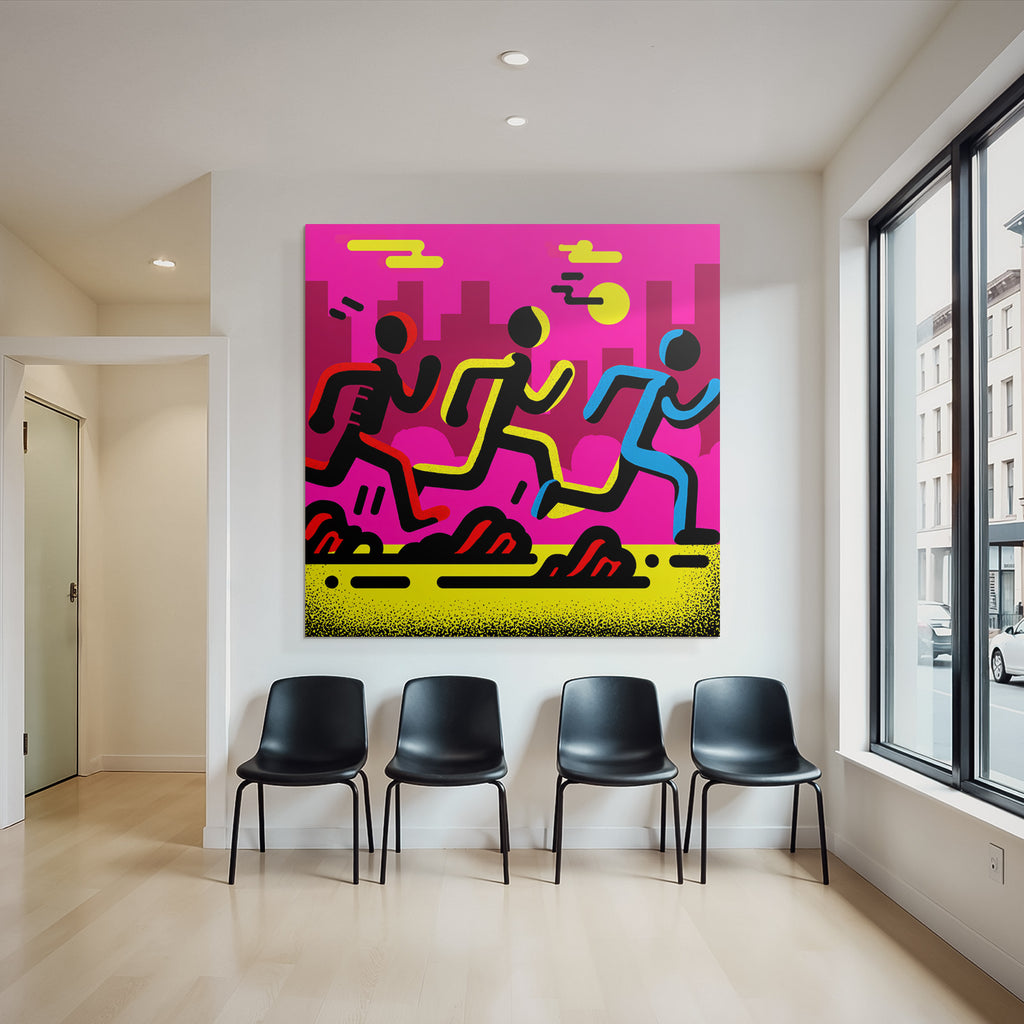 PopArt Drei Figuren Laufen Auf Leuchtend Pinker Hintergrund