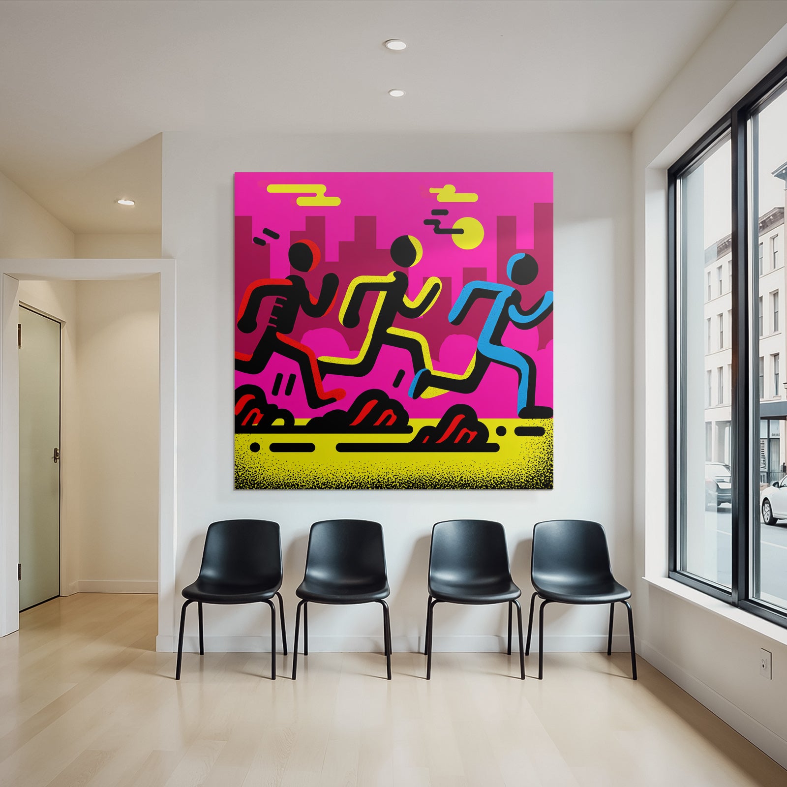 PopArt Drei Figuren Laufen Auf Leuchtend Pinker Hintergrund