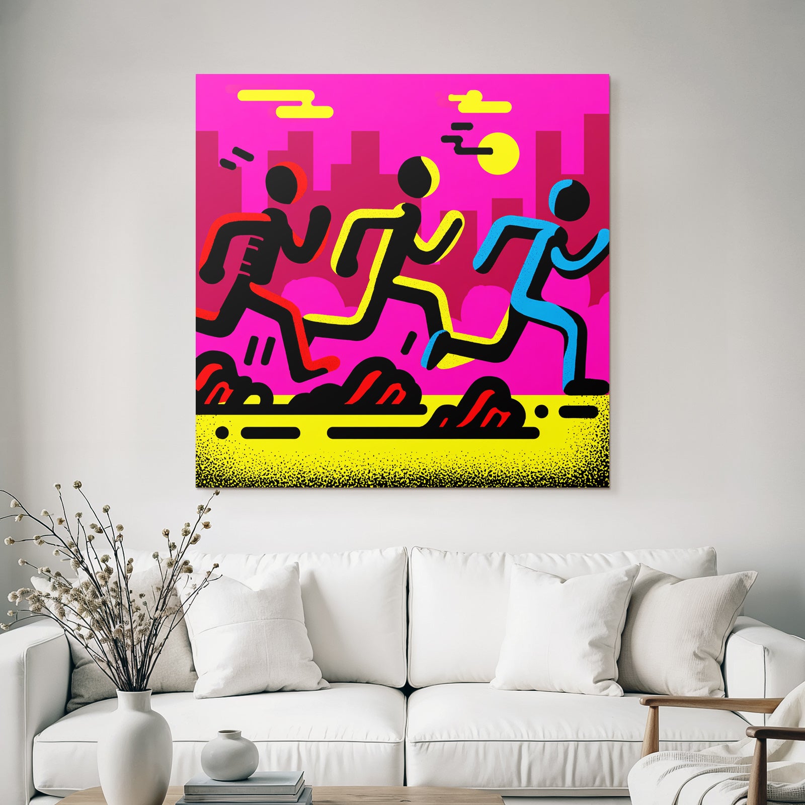 PopArt Drei Figuren Laufen Auf Leuchtend Pinker Hintergrund
