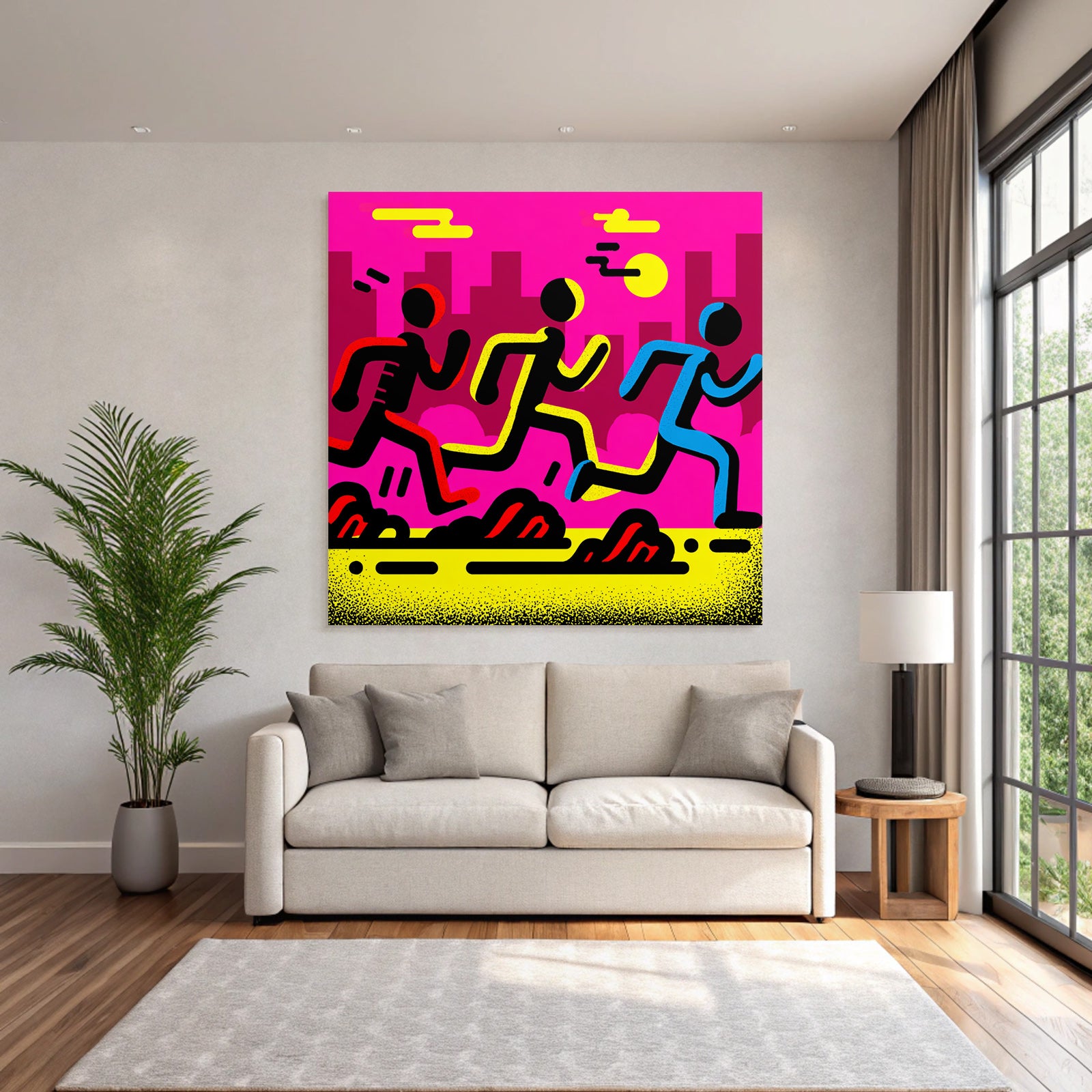 PopArt Drei Figuren Laufen Auf Leuchtend Pinker Hintergrund
