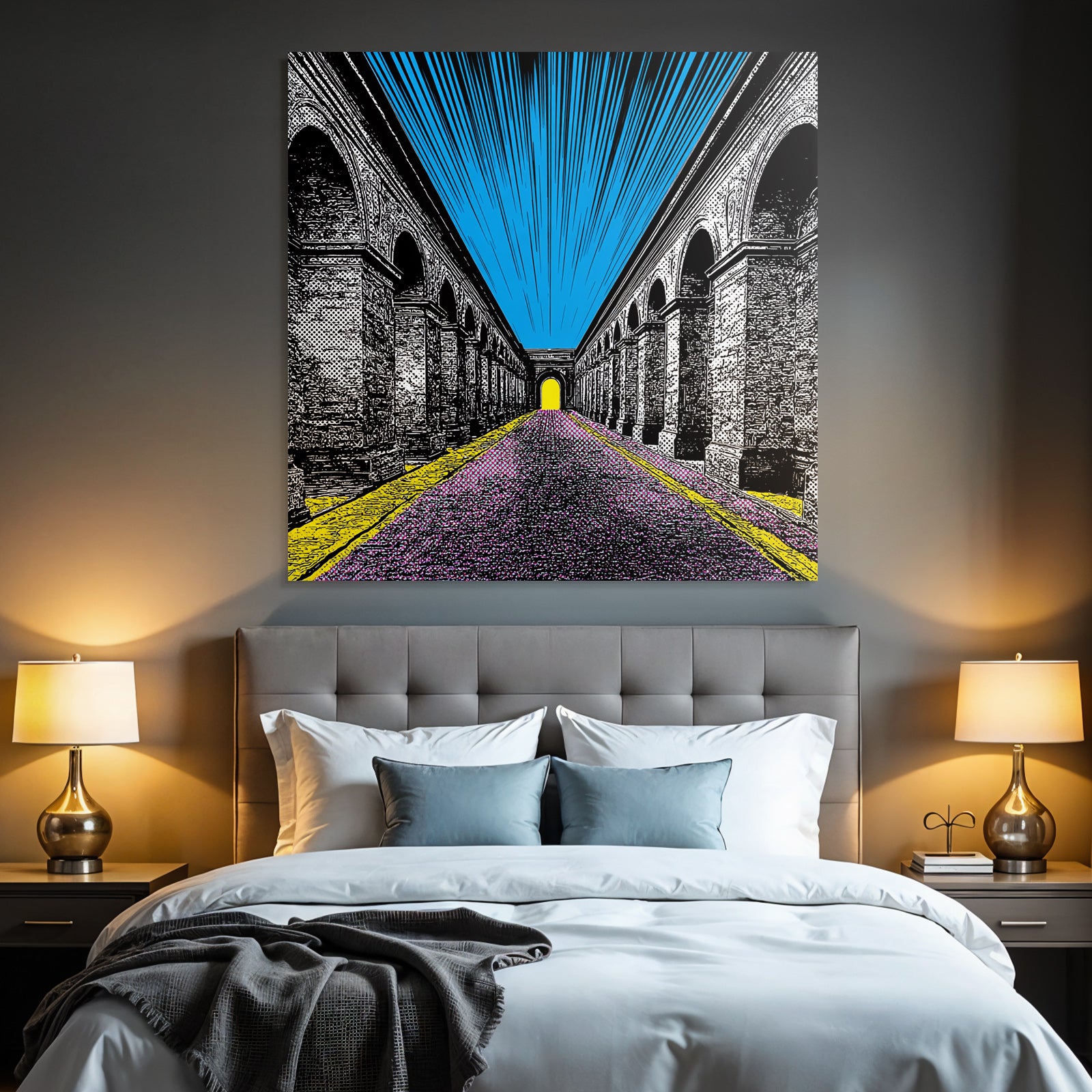 PopArt Illustration Farbenfroher Bogenflur Mit Hellgelbem Tor