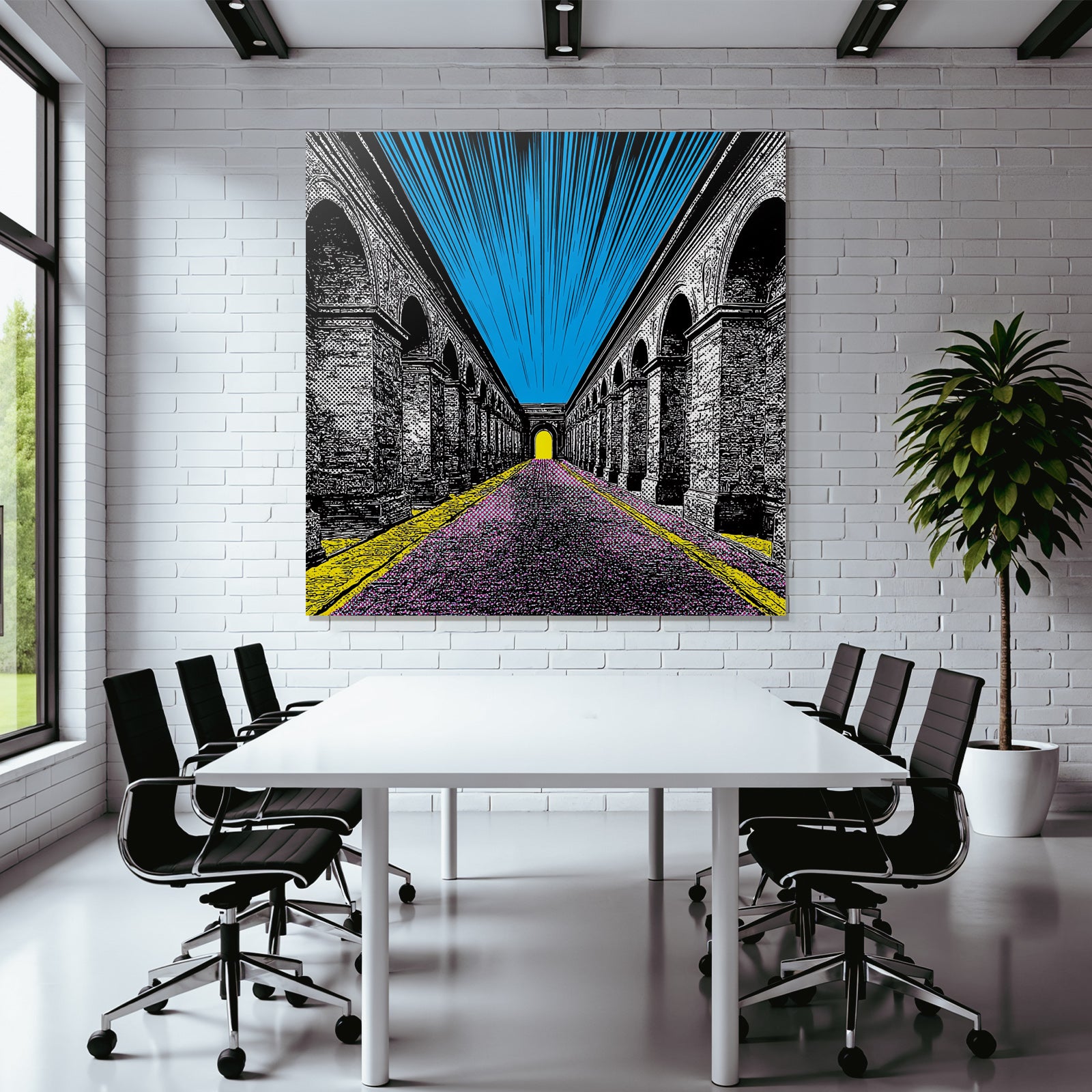 PopArt Illustration Farbenfroher Bogenflur Mit Hellgelbem Tor
