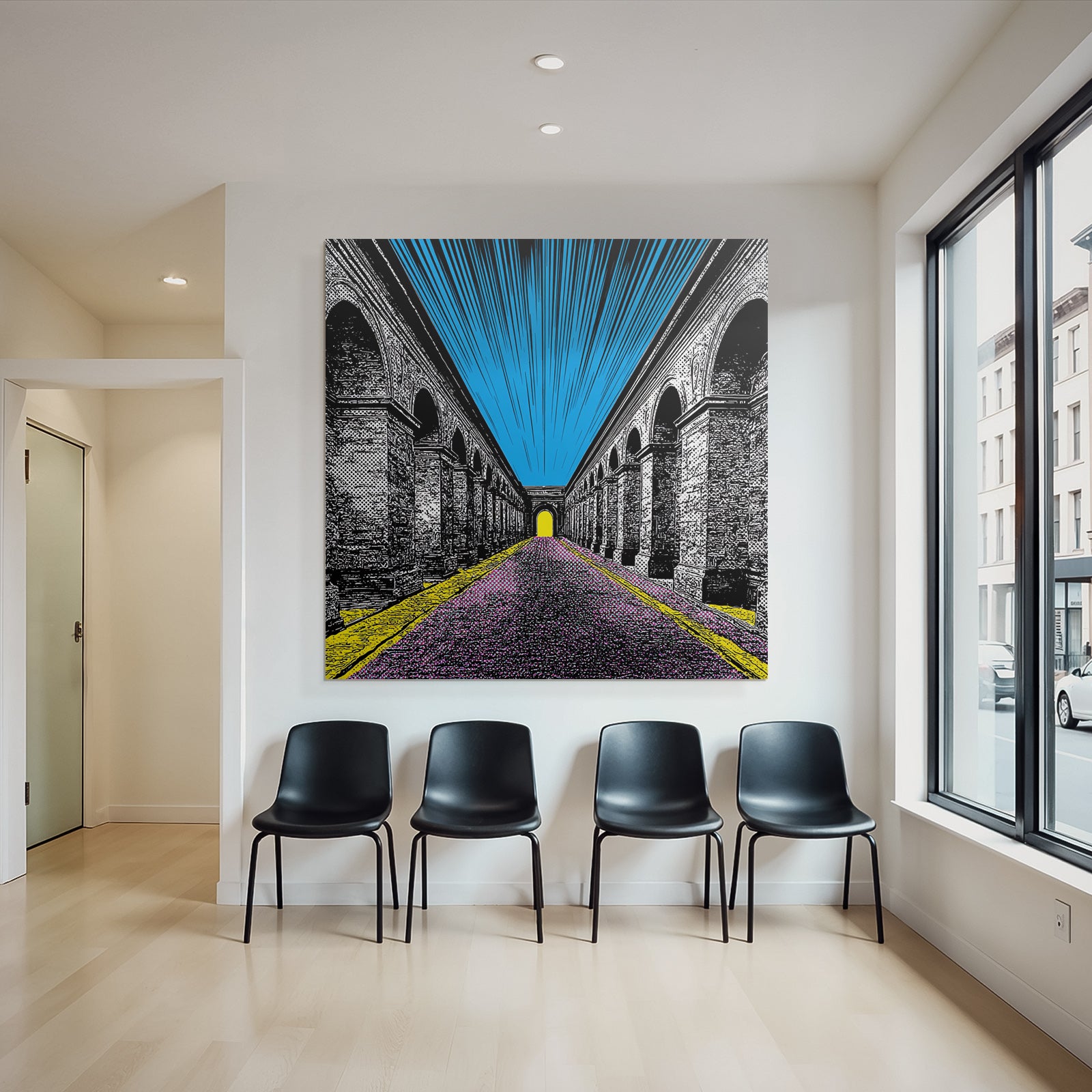 PopArt Illustration Farbenfroher Bogenflur Mit Hellgelbem Tor