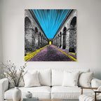PopArt Illustration Farbenfroher Bogenflur Mit Hellgelbem Tor