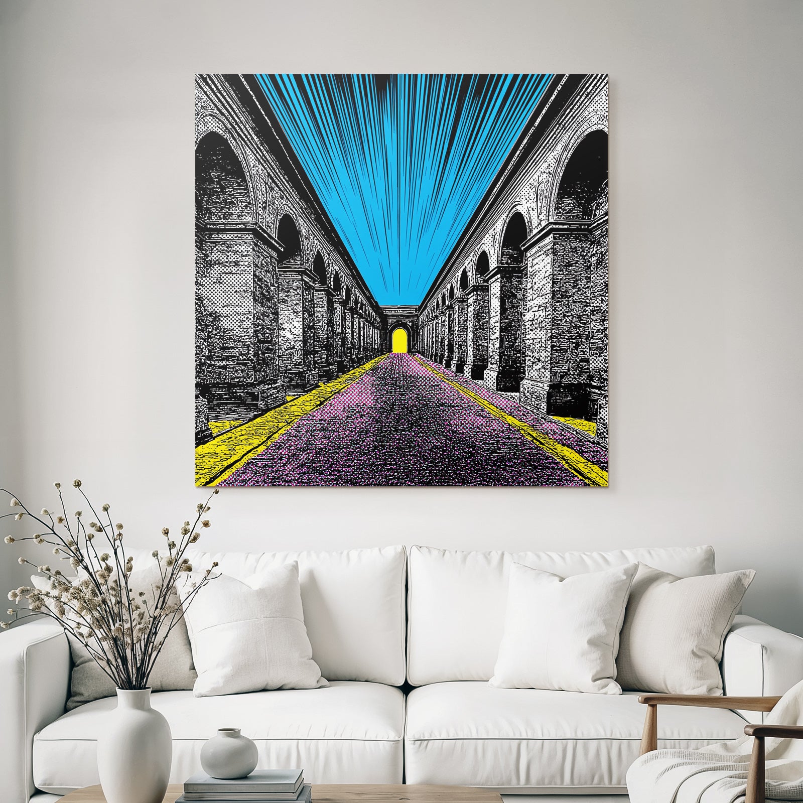 PopArt Illustration Farbenfroher Bogenflur Mit Hellgelbem Tor
