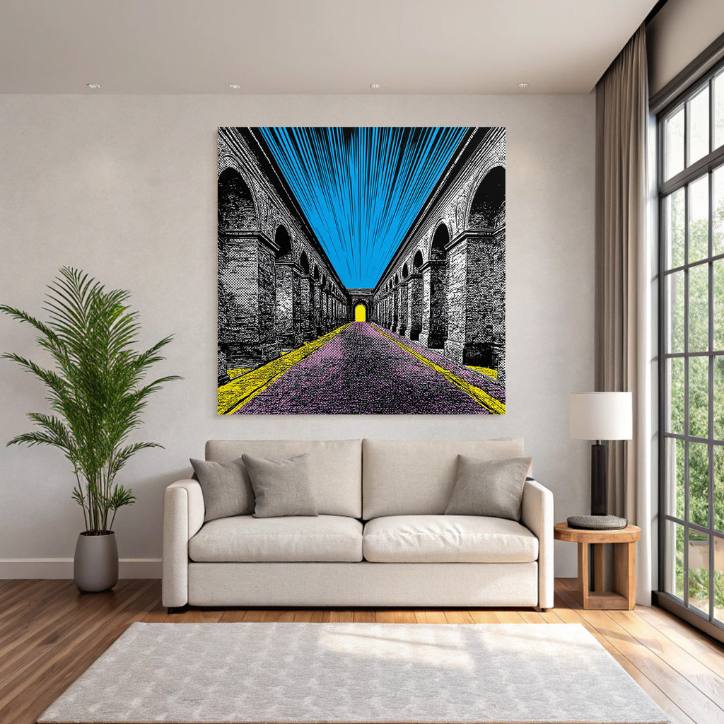 PopArt Illustration Farbenfroher Bogenflur Mit Hellgelbem Tor