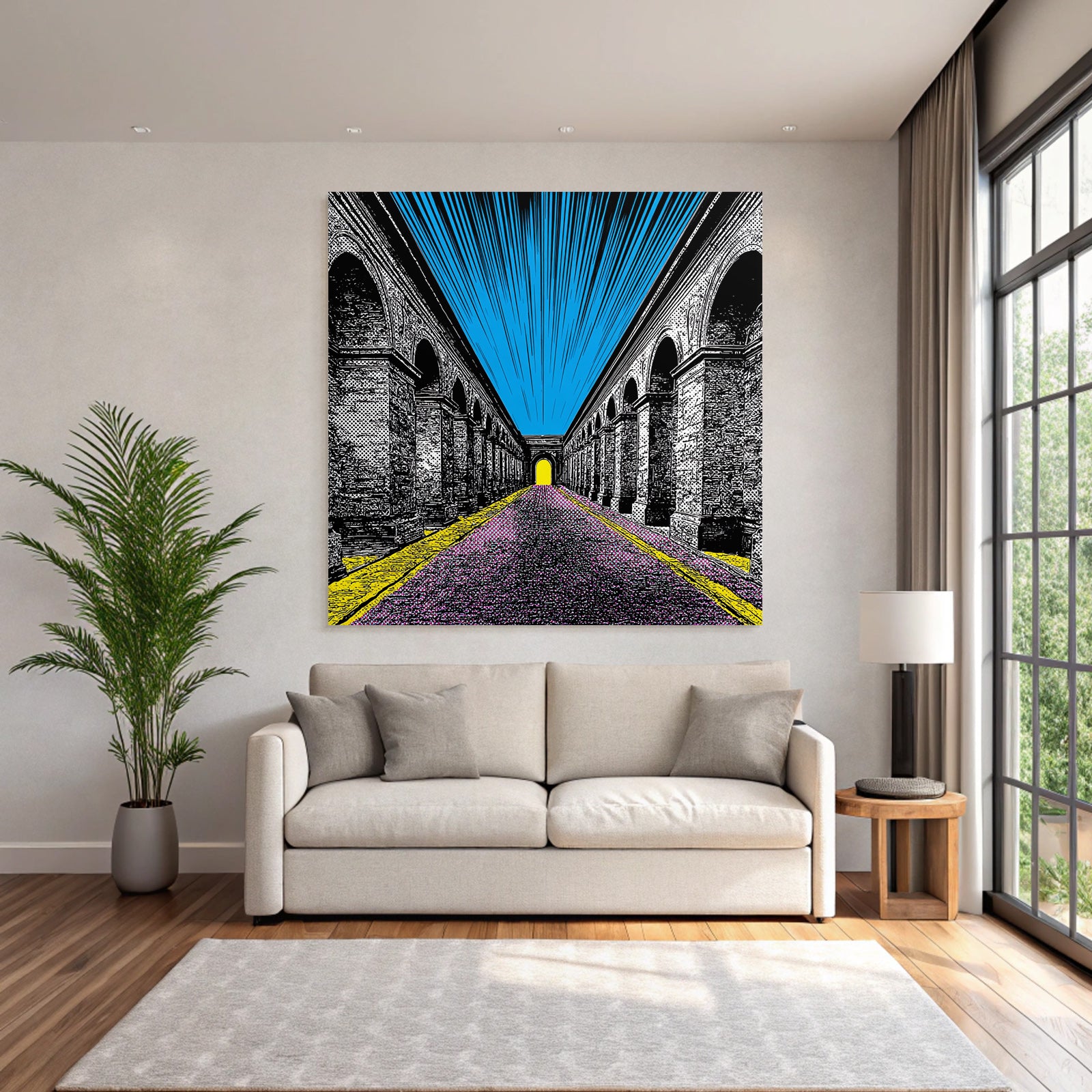 PopArt Illustration Farbenfroher Bogenflur Mit Hellgelbem Tor