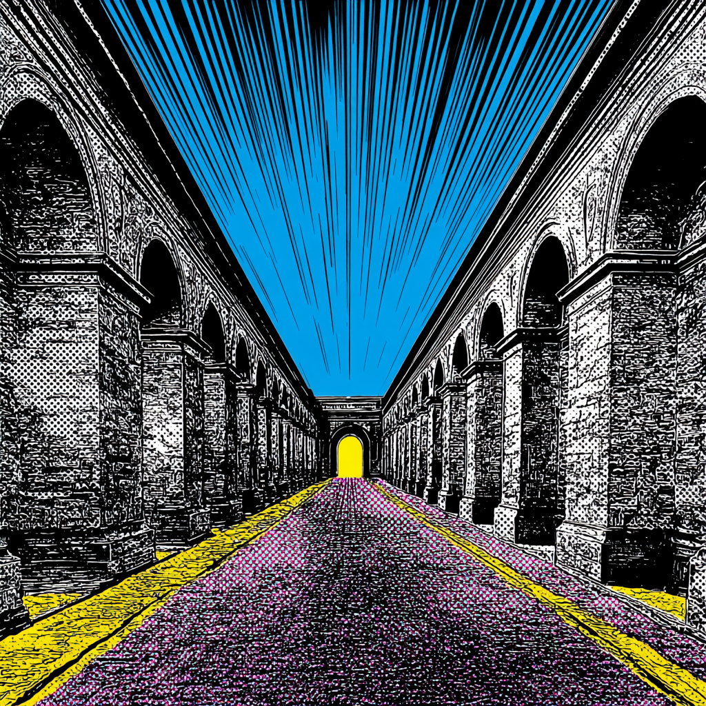 PopArt Illustration Farbenfroher Bogenflur Mit Hellgelbem Tor | Pop Art | Stilrichtungen