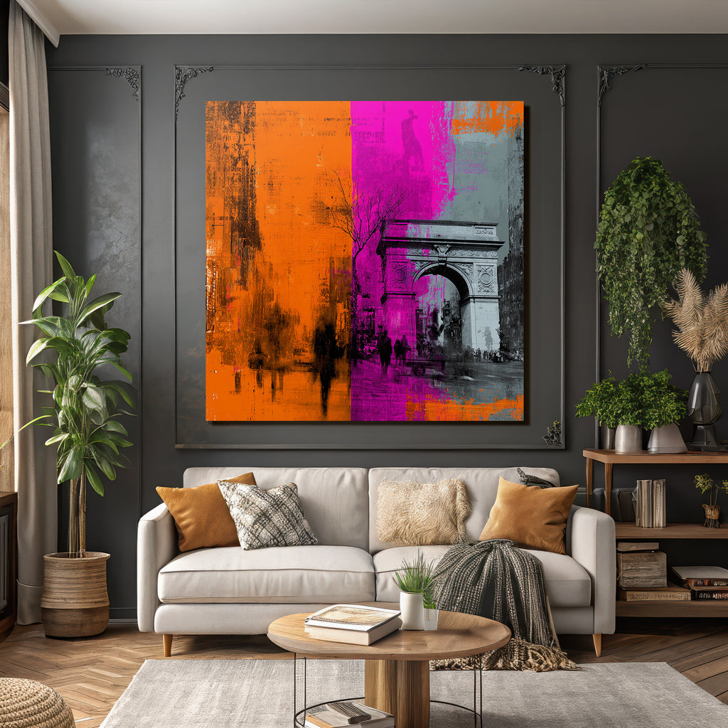 PopArt Kunstwerk Washington Square Arch Mit Dynamischen Farben Und Abstrakten Mustern