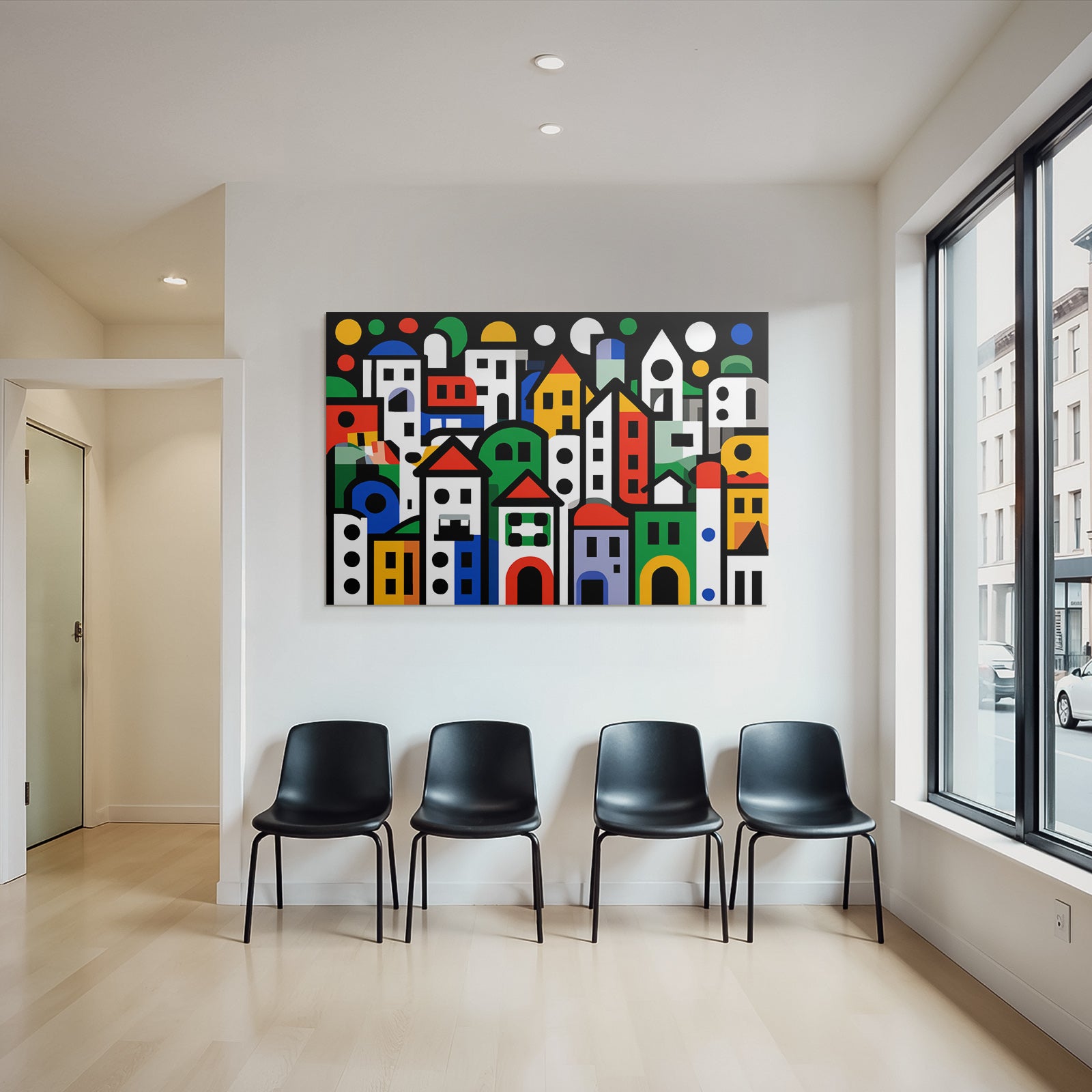 PopArt Abstrakte Stadtlandschaft Mit Farbenfrohen Geometrischen Formen