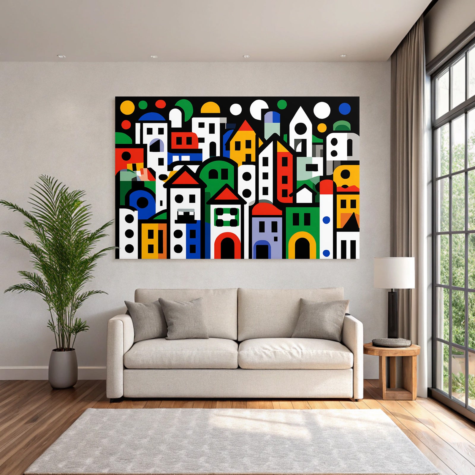 PopArt Abstrakte Stadtlandschaft Mit Farbenfrohen Geometrischen Formen
