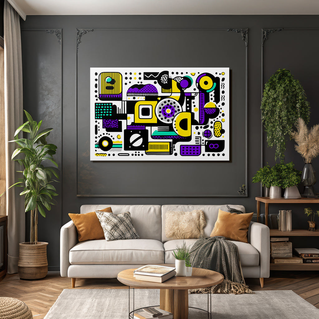 PopArt Abstrakte Komposition Geometrische Formen Lila Gelb Schwarz Türkis