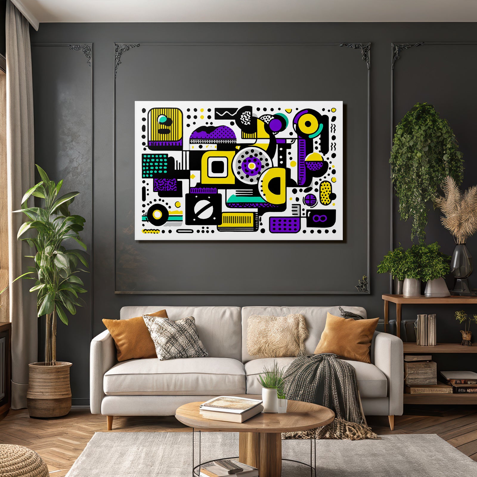 PopArt Abstrakte Komposition Geometrische Formen Lila Gelb Schwarz Türkis