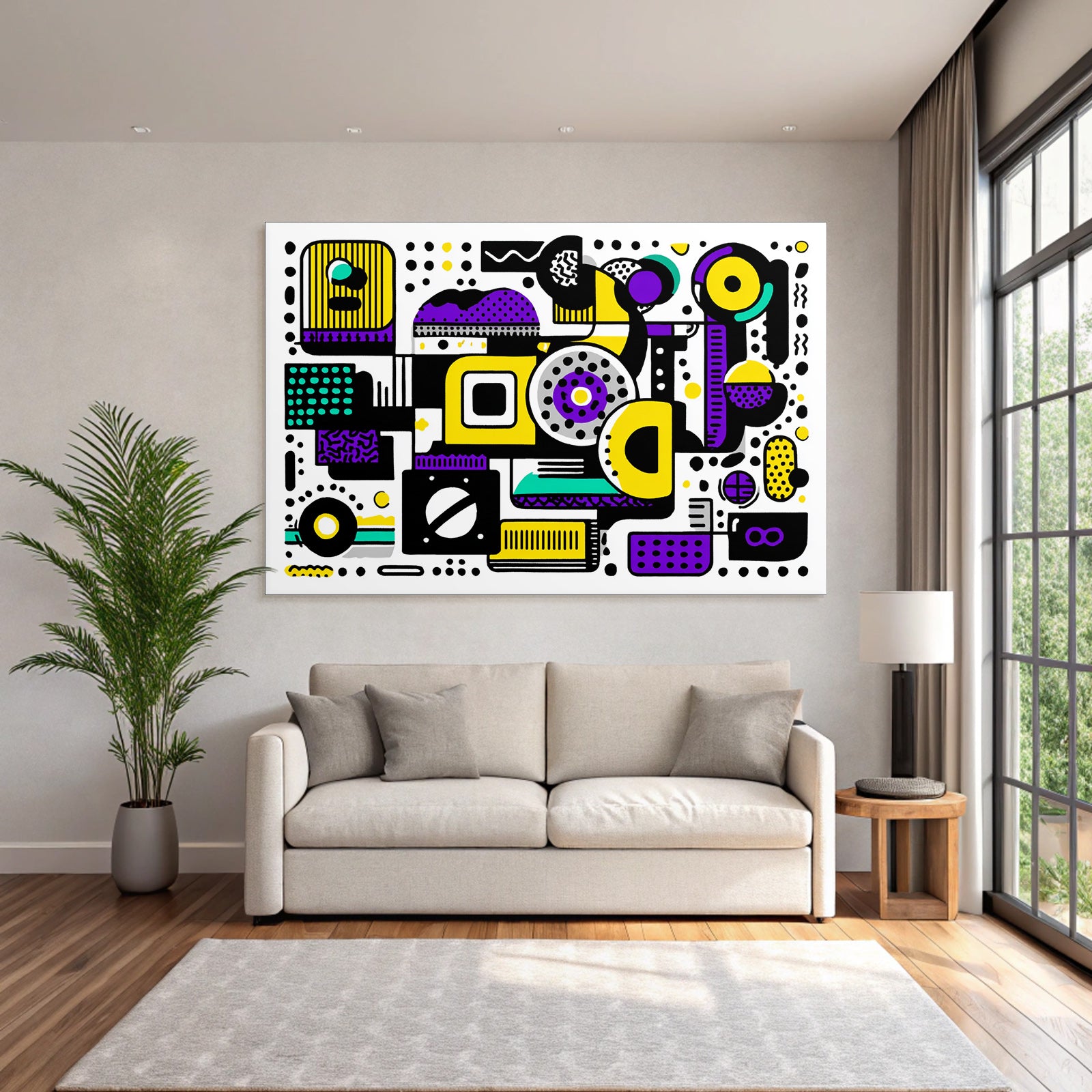 PopArt Abstrakte Komposition Geometrische Formen Lila Gelb Schwarz Türkis