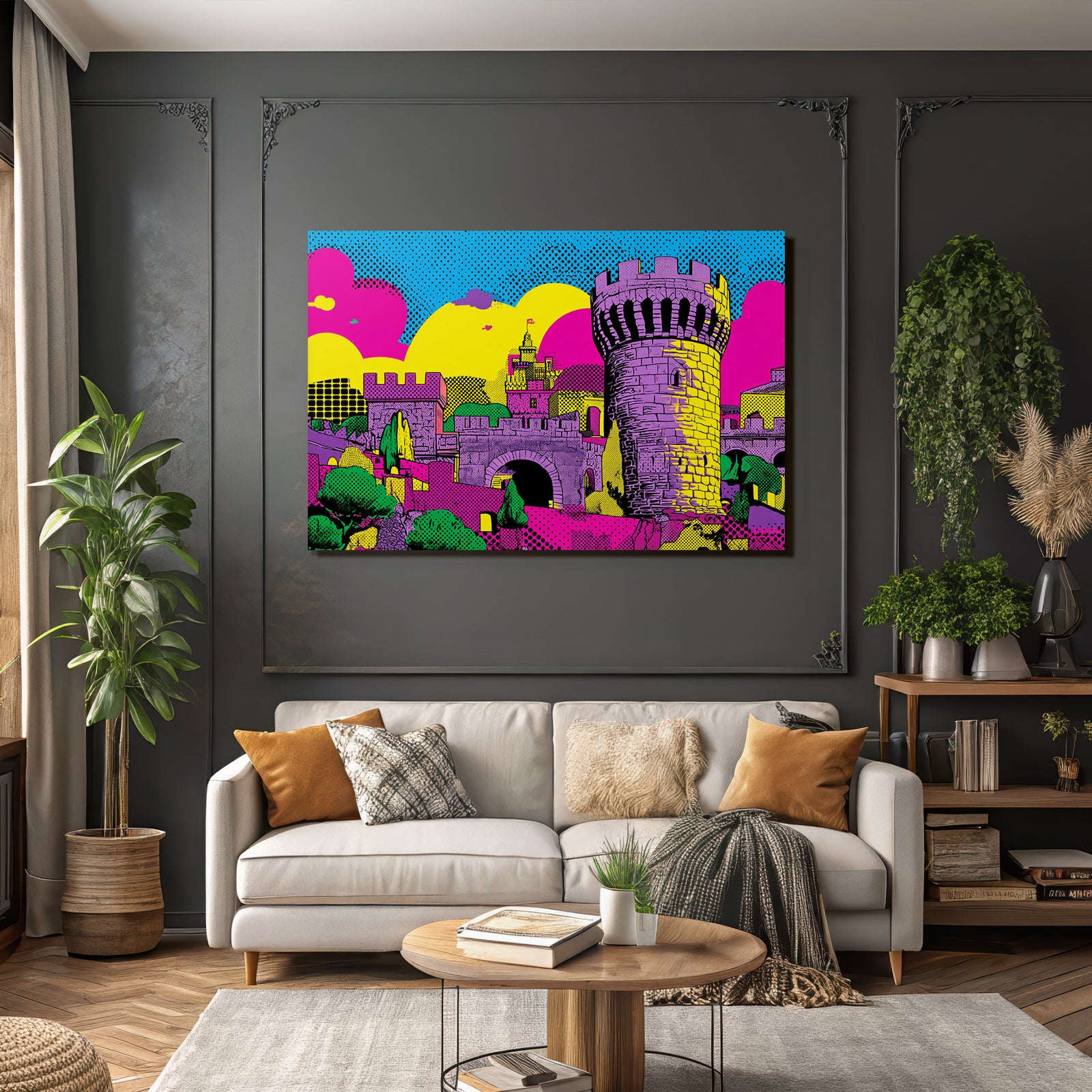 PopArt Bunte Burg Und Landschaft Im Stil
