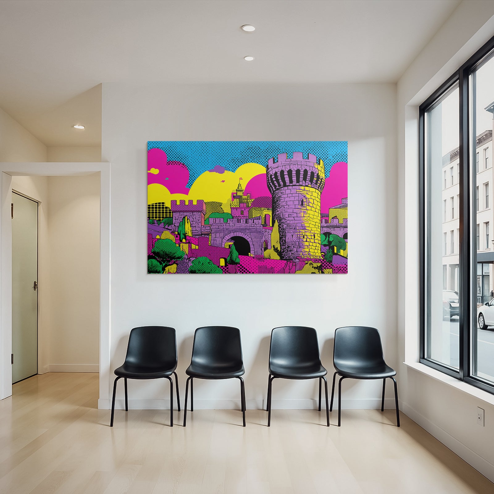 PopArt Bunte Burg Und Landschaft Im Stil