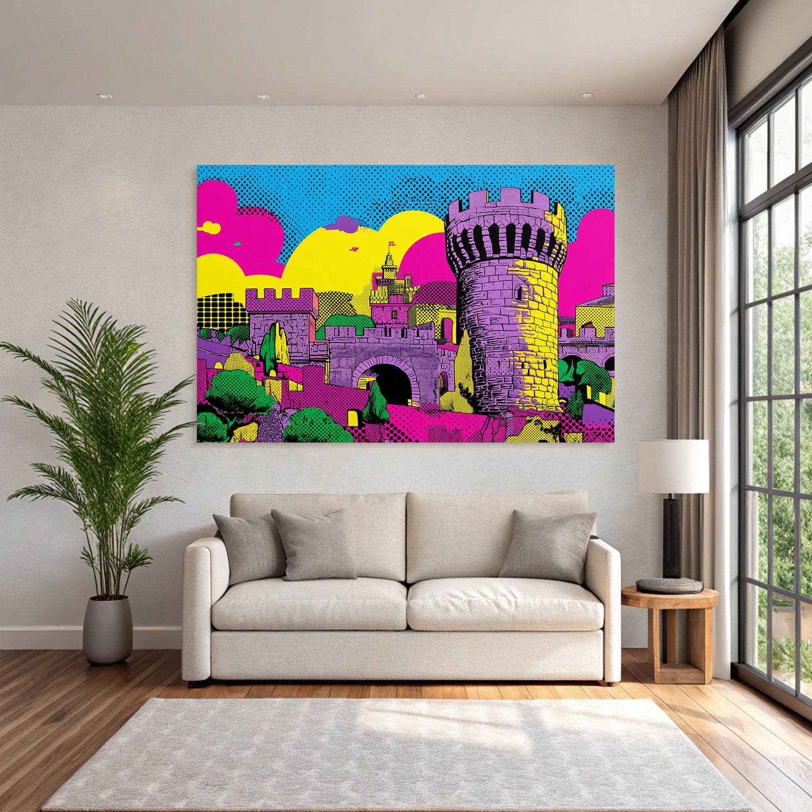 PopArt Bunte Burg Und Landschaft Im Stil