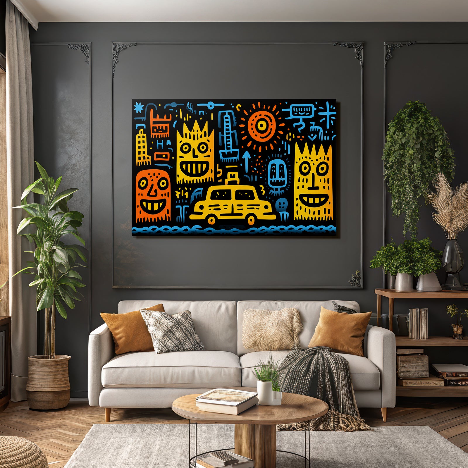 PopArt Bunte Stadtszene Mit Taxi Und Abstrakten Formen
